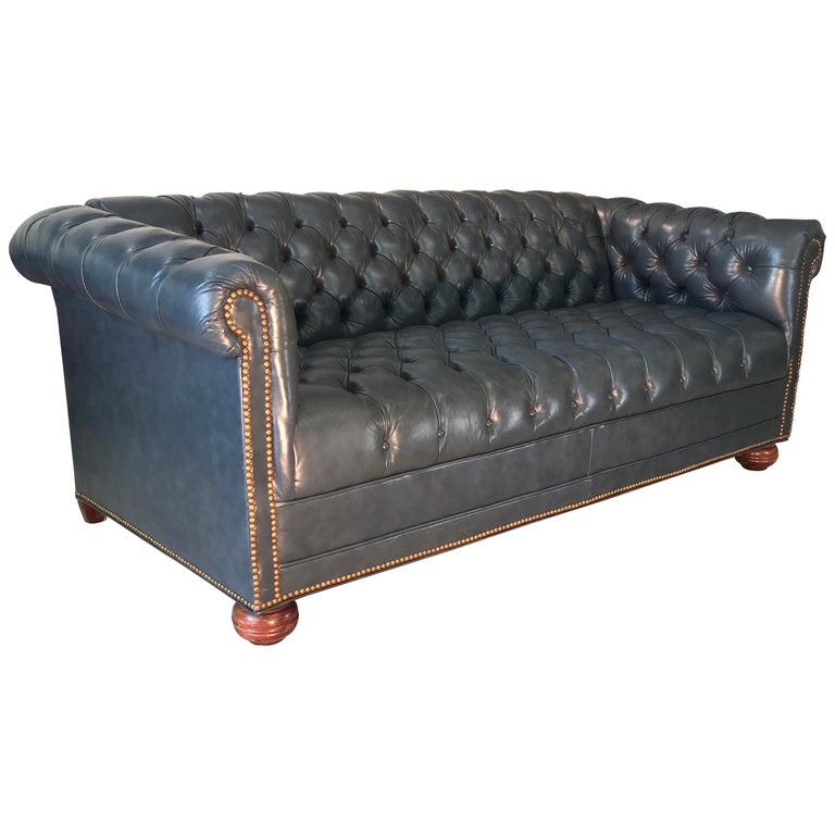 Vintage Chesterfield Sofa In Slate Blue, Slate Blue Leather Sofa