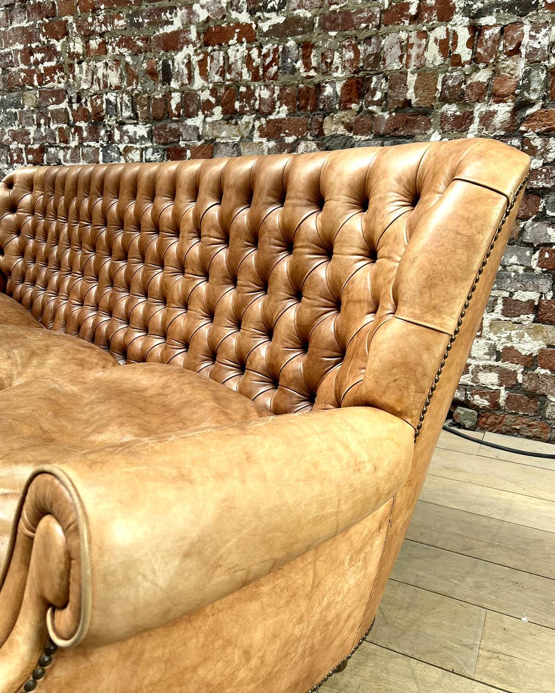Mid-20th Century Vintage Chesterfield Sofa in Tan Patinated Leather For Sale
