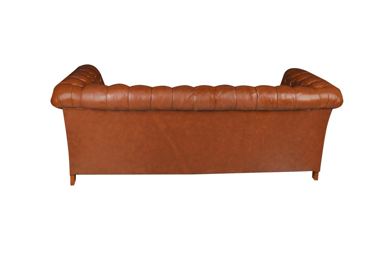 Vintage Chesterfield Style Brown Leather Button Tufted Sofa For Sale at