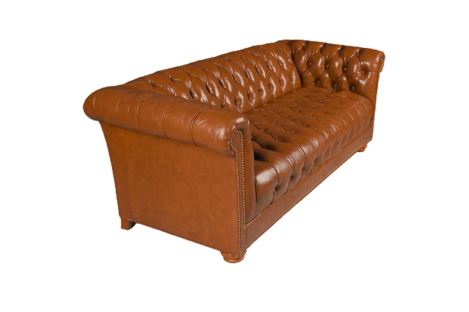 Vintage Chesterfield Style Brown Leather Button Tufted Sofa For Sale at