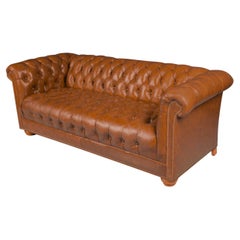Vintage Chesterfield Style Brown Leather Button Tufted Sofa