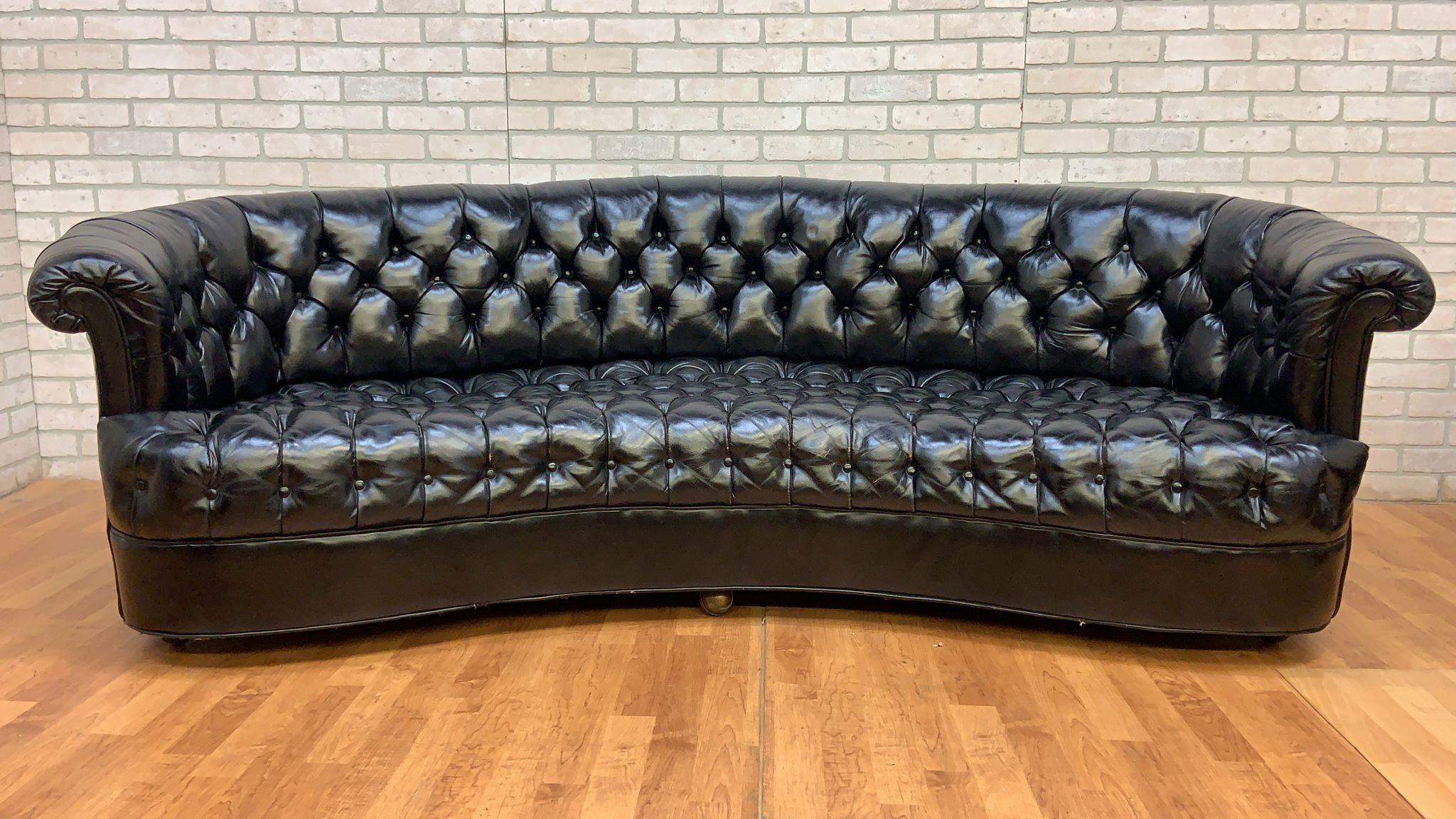 Vintage Chesterfield Style Curved Back Black Leatherette Sofa

This amazing and sturdy 1950’s Curved Back Black Leatherette Chesterfield Style Sofa will be a speaking piece in any room that it is placed. The sofa has been tufted in black leatherette
