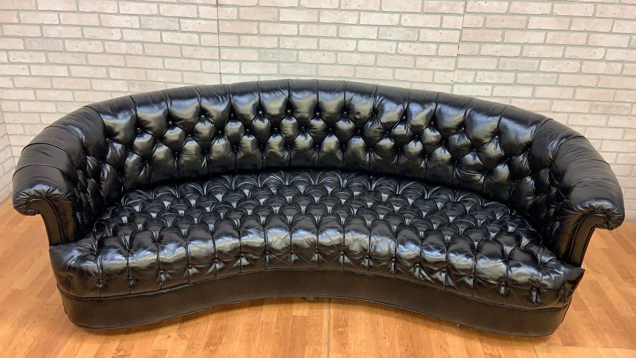 American Vintage Chesterfield Style Curved Back Black Leatherette Sofa For Sale