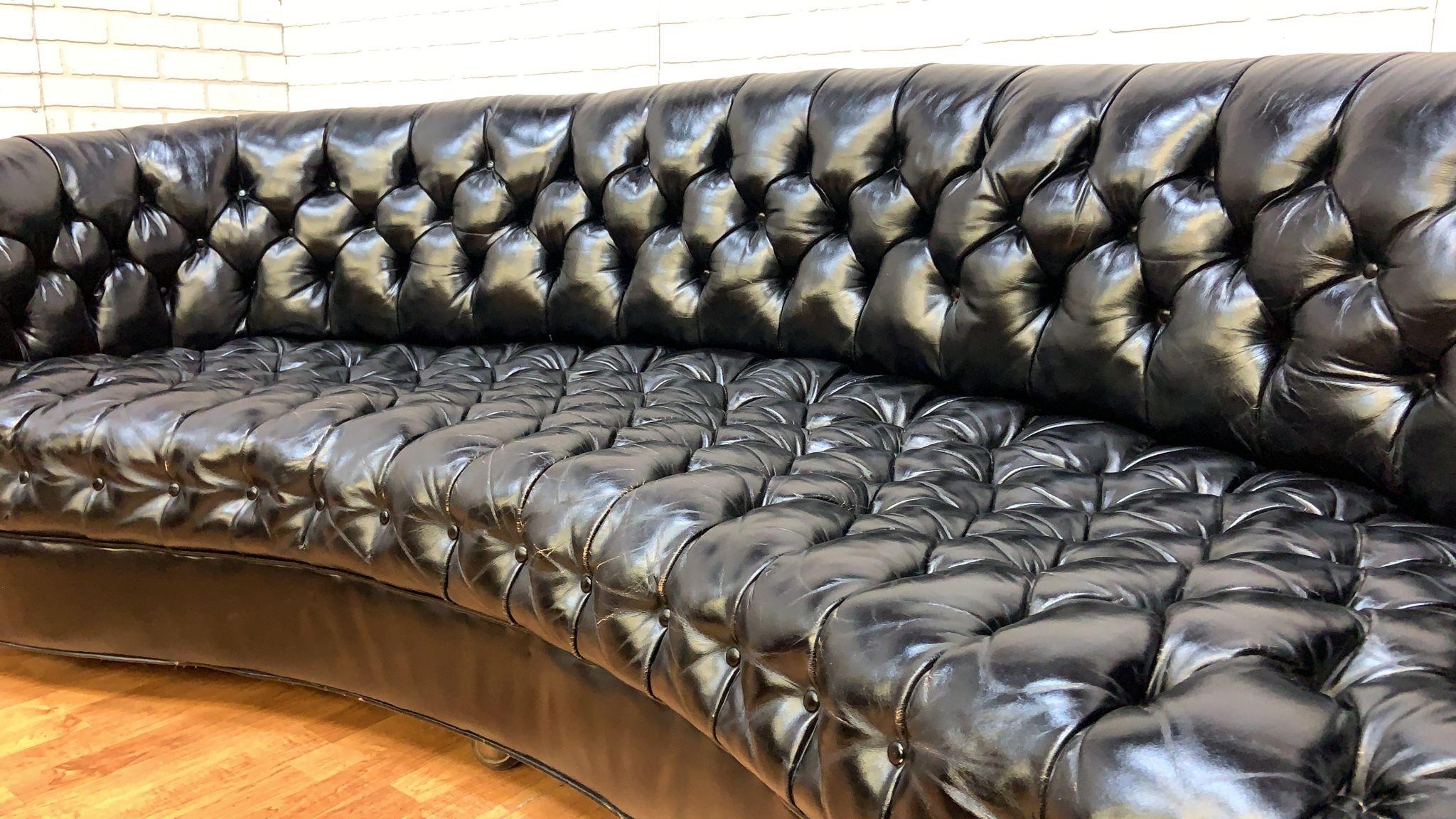 Hand-Crafted Vintage Chesterfield Style Curved Back Black Leatherette Sofa For Sale