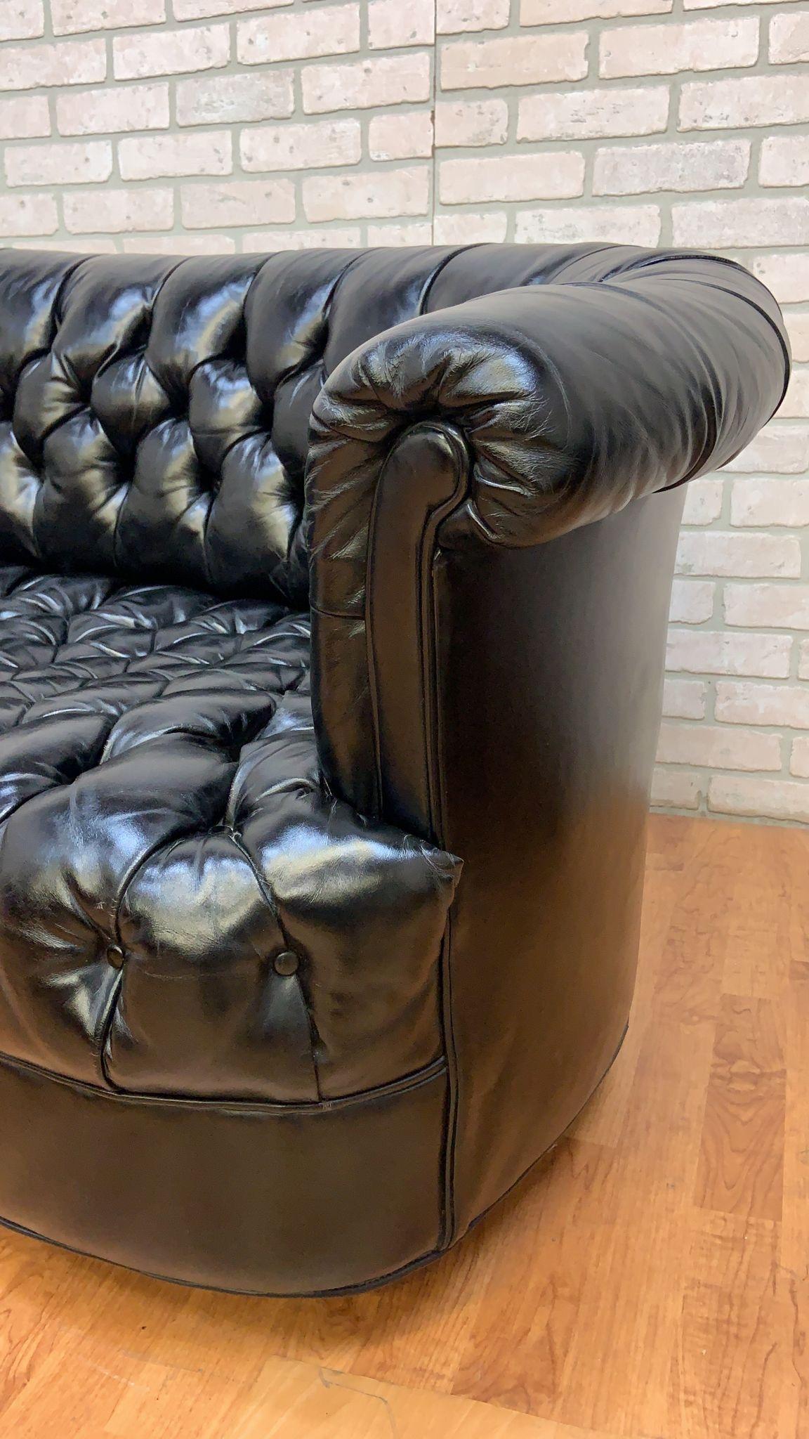 Vintage Chesterfield Style Curved Back Black Leatherette Sofa In Good Condition For Sale In Chicago, IL