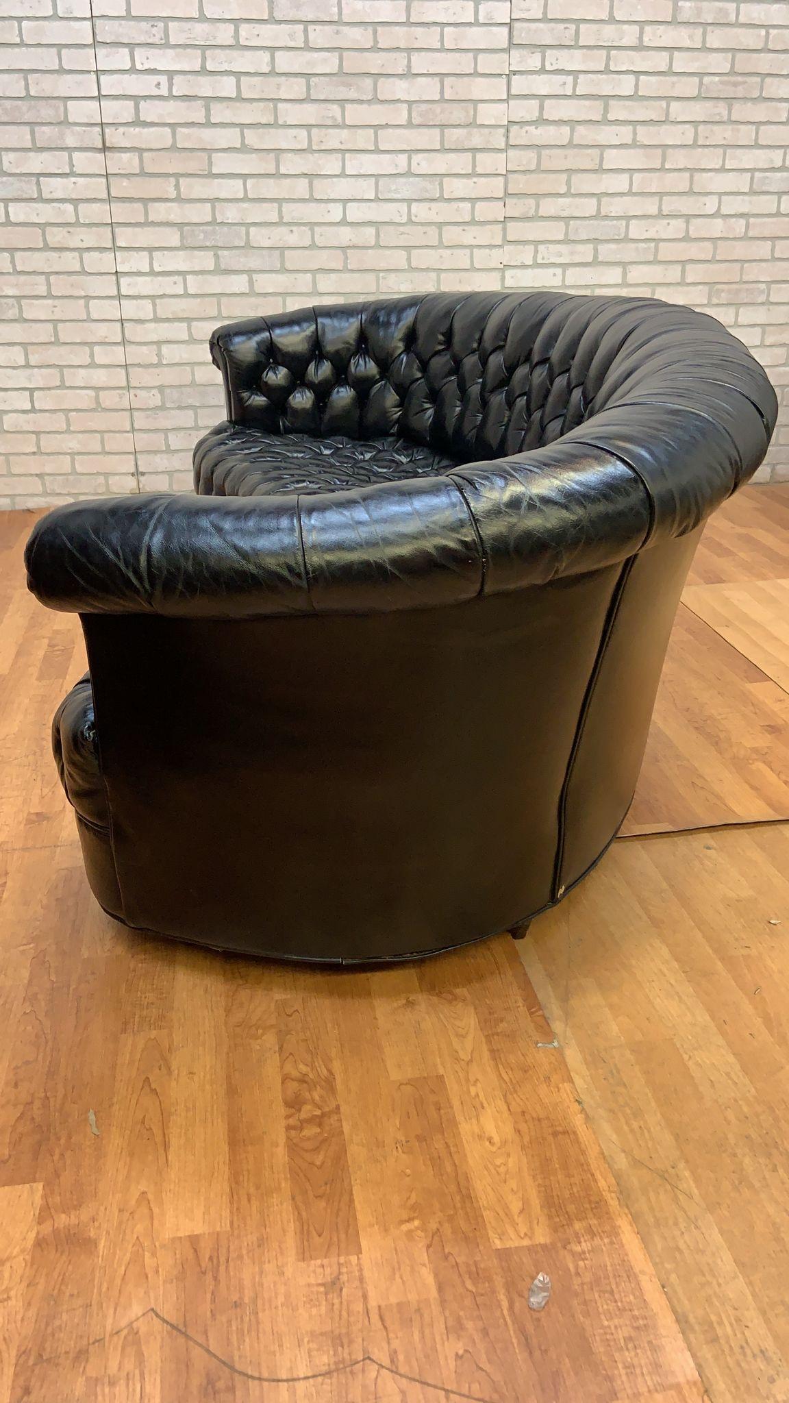Brass Vintage Chesterfield Style Curved Back Black Leatherette Sofa For Sale