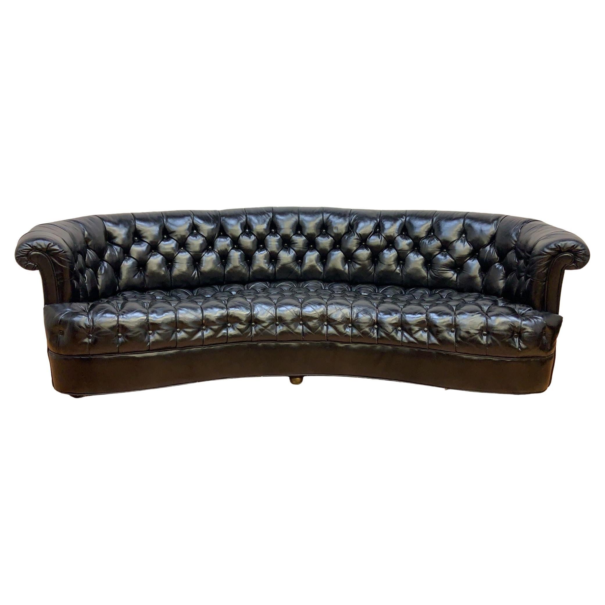 Vintage Chesterfield Style Curved Back Black Leatherette Sofa For Sale