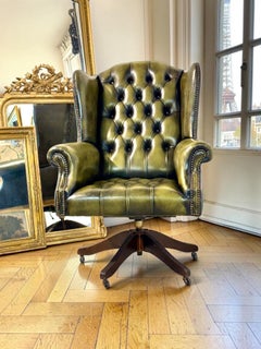 Vintage Chesterfield Style Green Leather Swivel Desk Chair