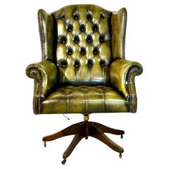 Vintage Chesterfield Style Green Leather Swivel Desk Chair
