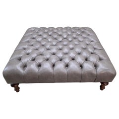 Vintage Chesterfield Style Tufted Gray Leather Ottoman