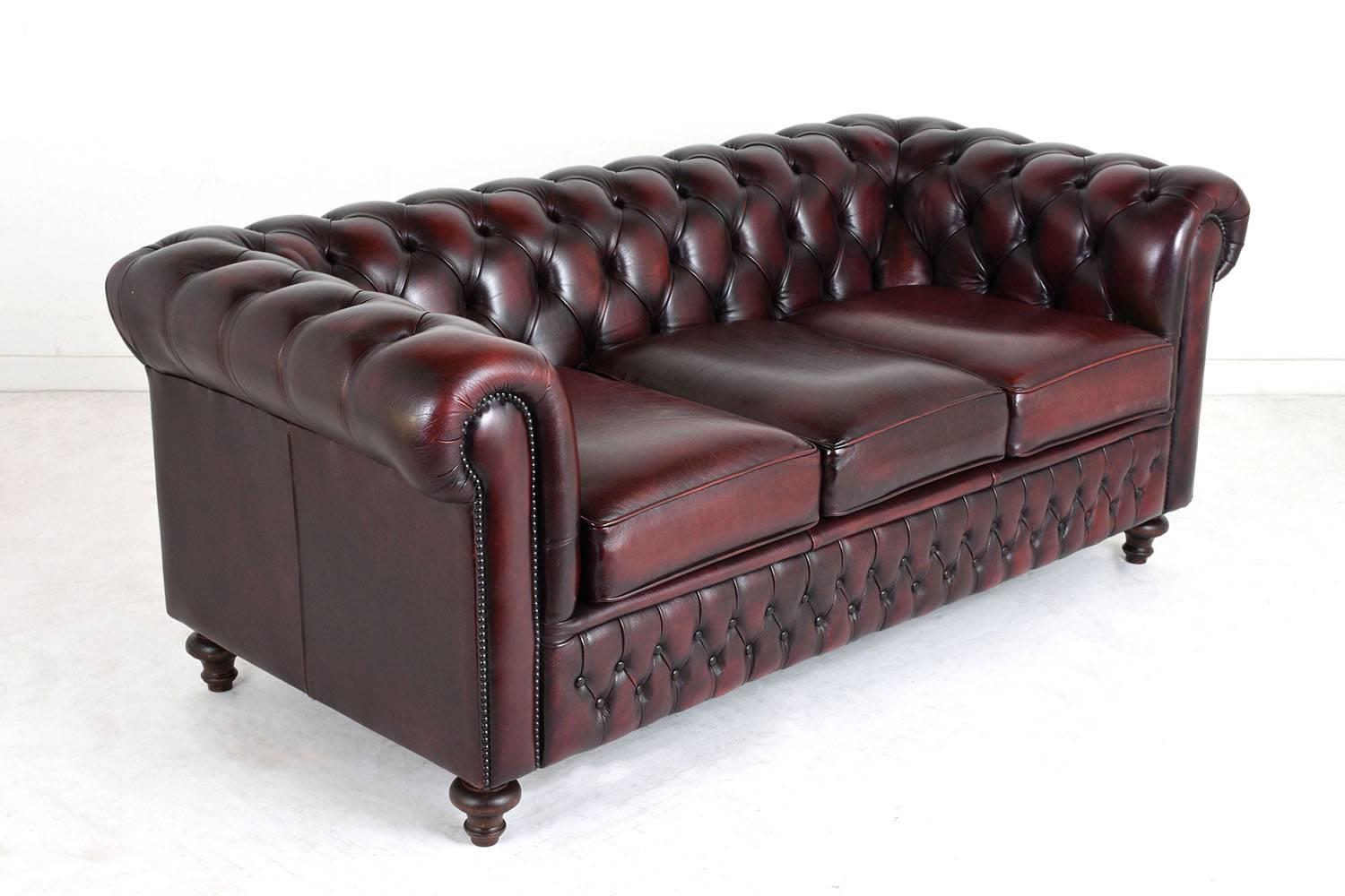 Carved Vintage Chesterfield-Style Tufted Leather Sofa