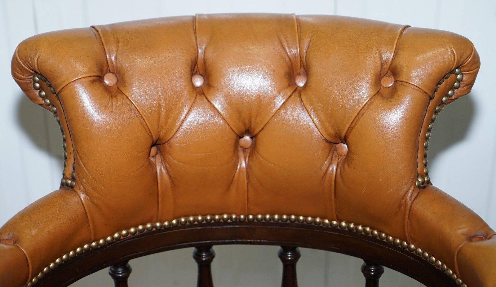 Victorian Vintage Chesterfield Tan Brown Leather Captains Directors Office Swivel Chair