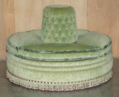 ViNTAGE CHESTERFIELD TUFTED GREEN SILK & VELOUR UPHOLSTERED CONVERSATION COUCH