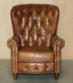 VINTAGE CHESTERFIELD TUFTED HAND DYED BROWN LEATHER LiBRARY RECLINER ARMCHAIR