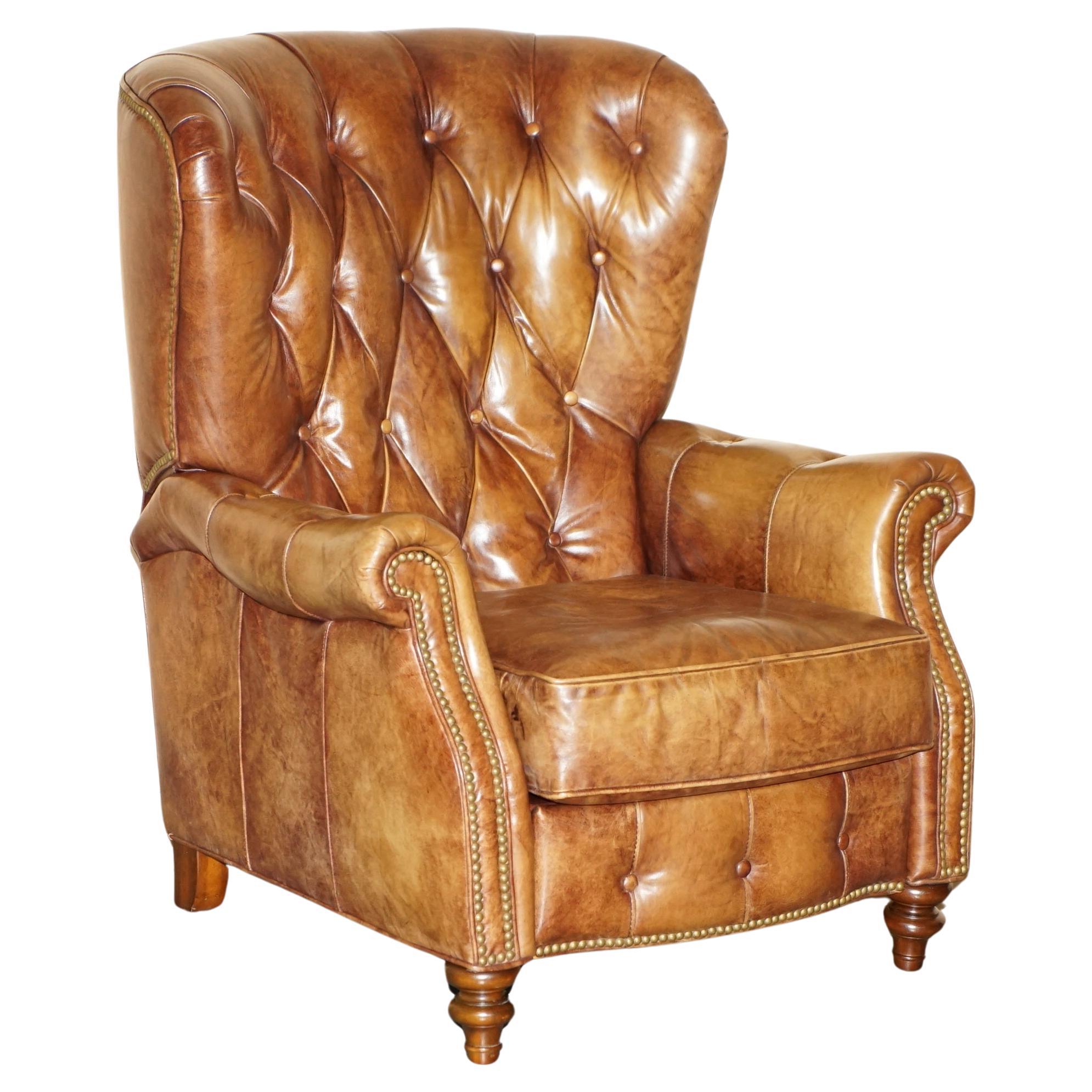 VINTAGE CHESTERFIELD TUFTED HAND DYED BROWN LEATHER LiBRARY RECLINER ...