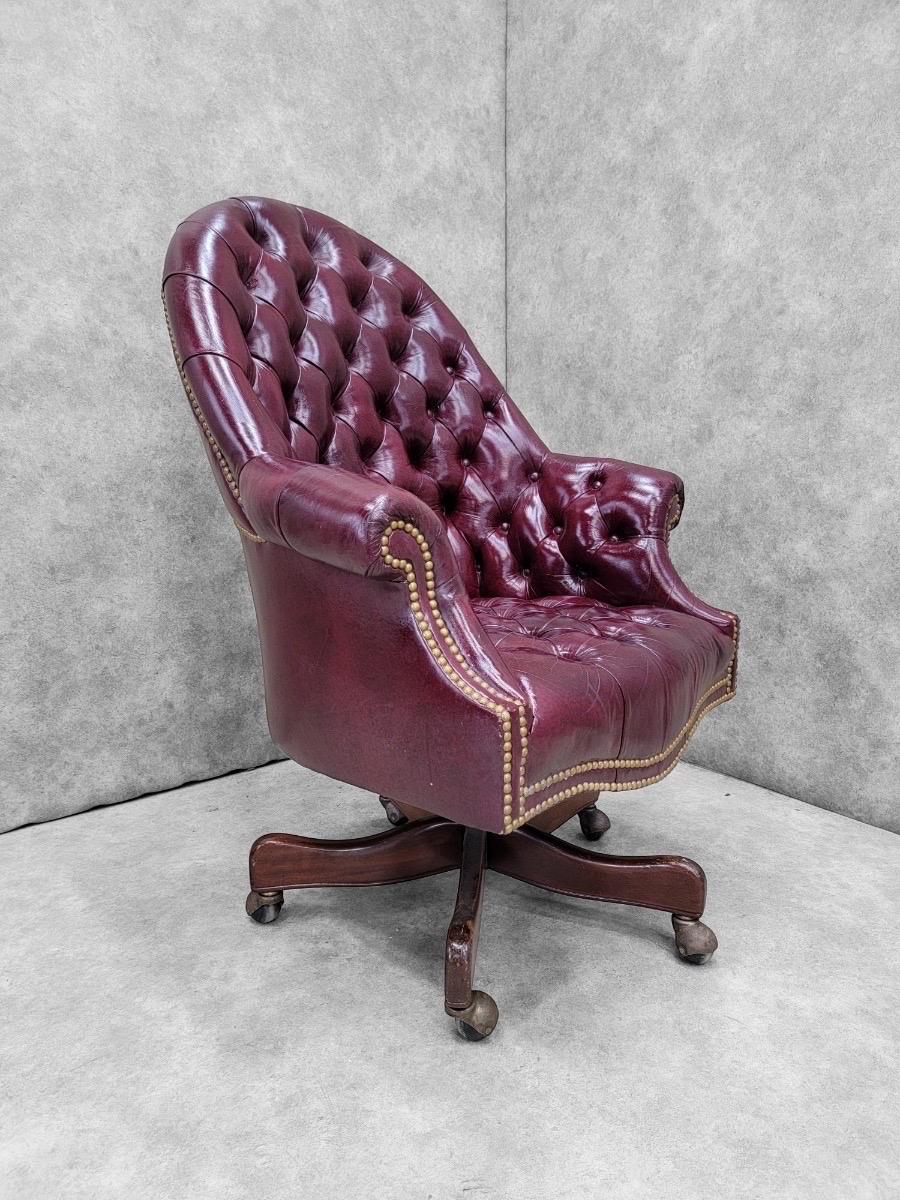 20th Century Vintage Chesterfield Tufted Leather Executive Desk Chair by Hancock & Moore