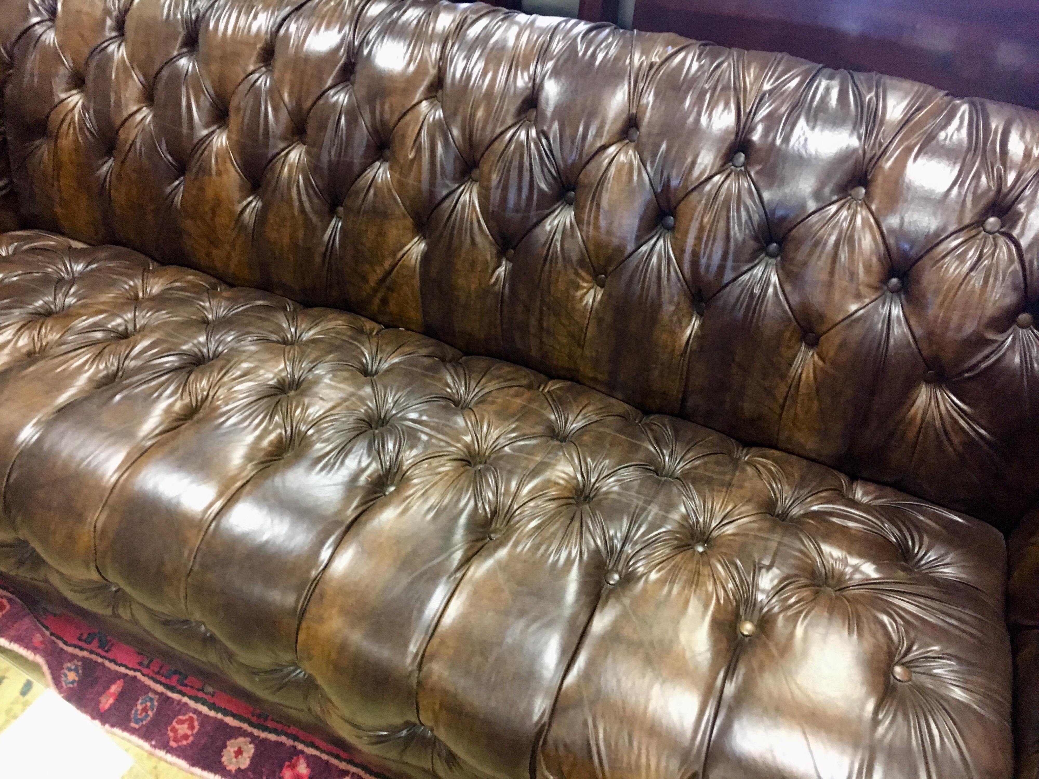 Vintage Chesterfield Tufted Sofa Made in England in Dark Brown In Good Condition In West Hartford, CT