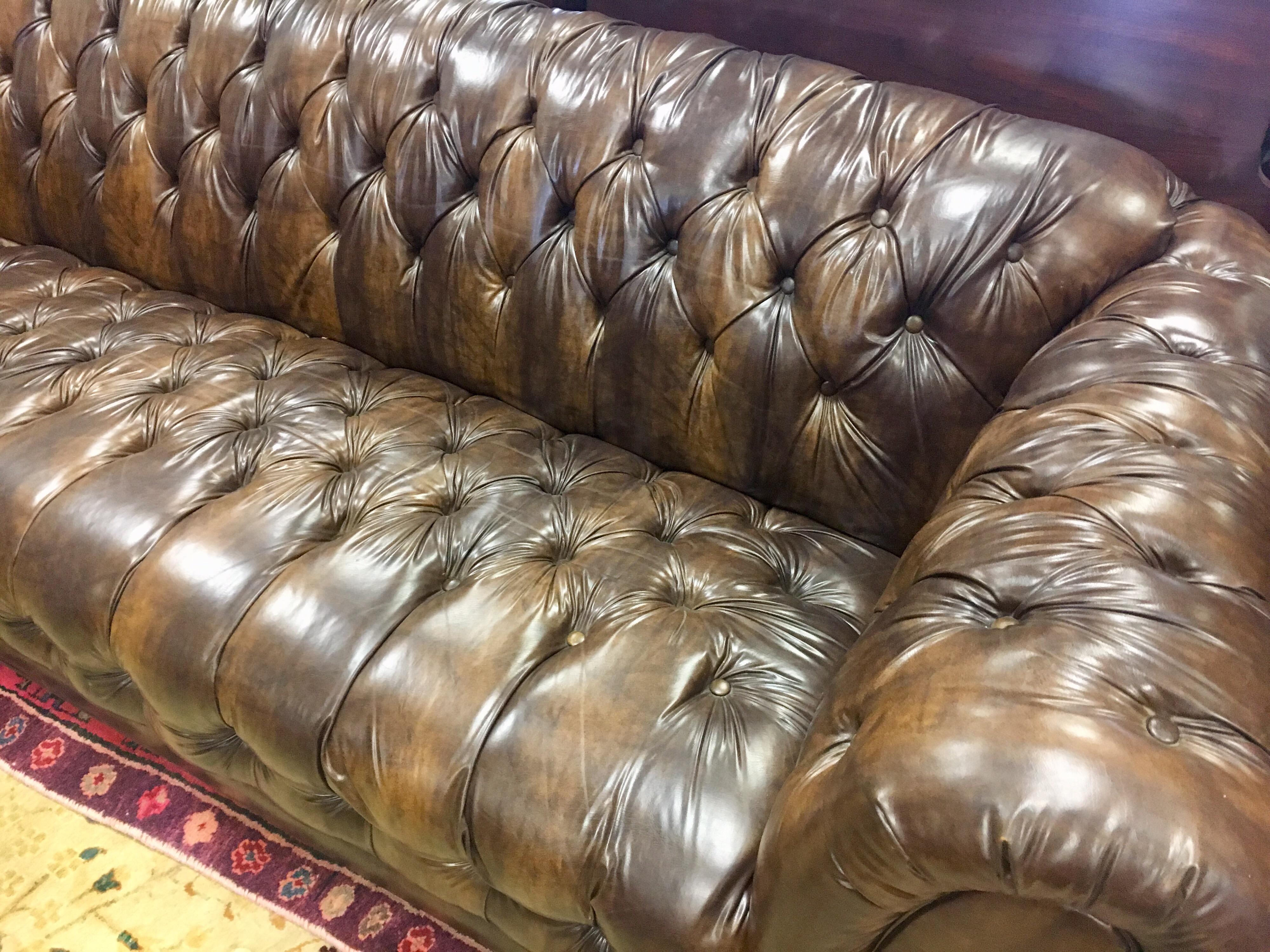 Brass Vintage Chesterfield Tufted Sofa Made in England in Dark Brown