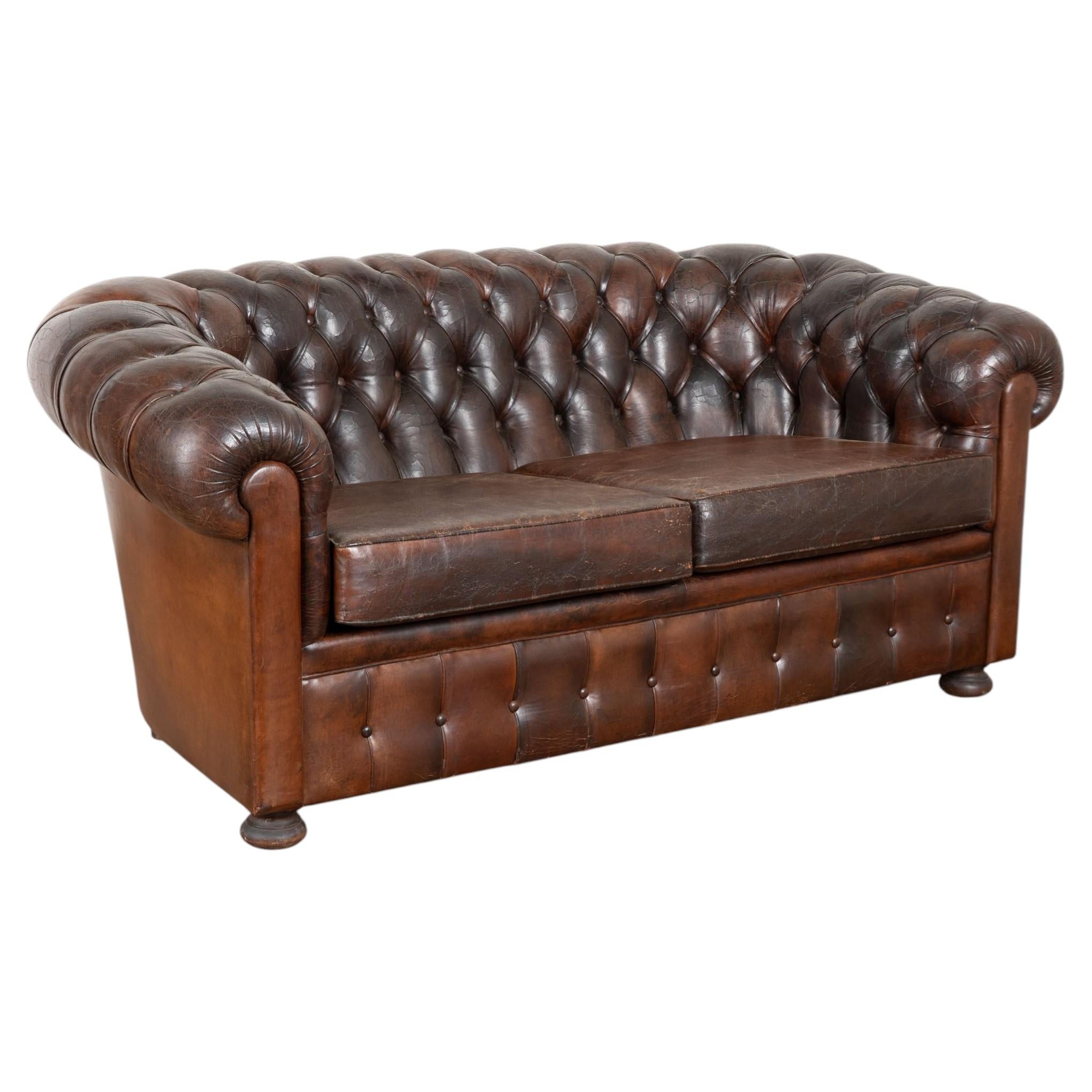 Vintage Chesterfield Two Seat Brown Leather Sofa from Spain