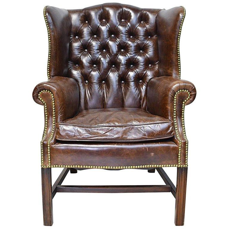 Vintage Chesterfield Wing-Back Chair with Tufted Brown Leather 
