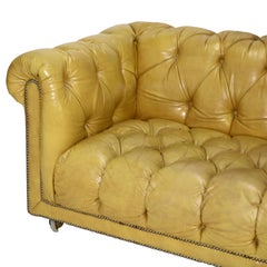 Vintage Chesterfield Yellow Leather Even Arm Sofa C1950