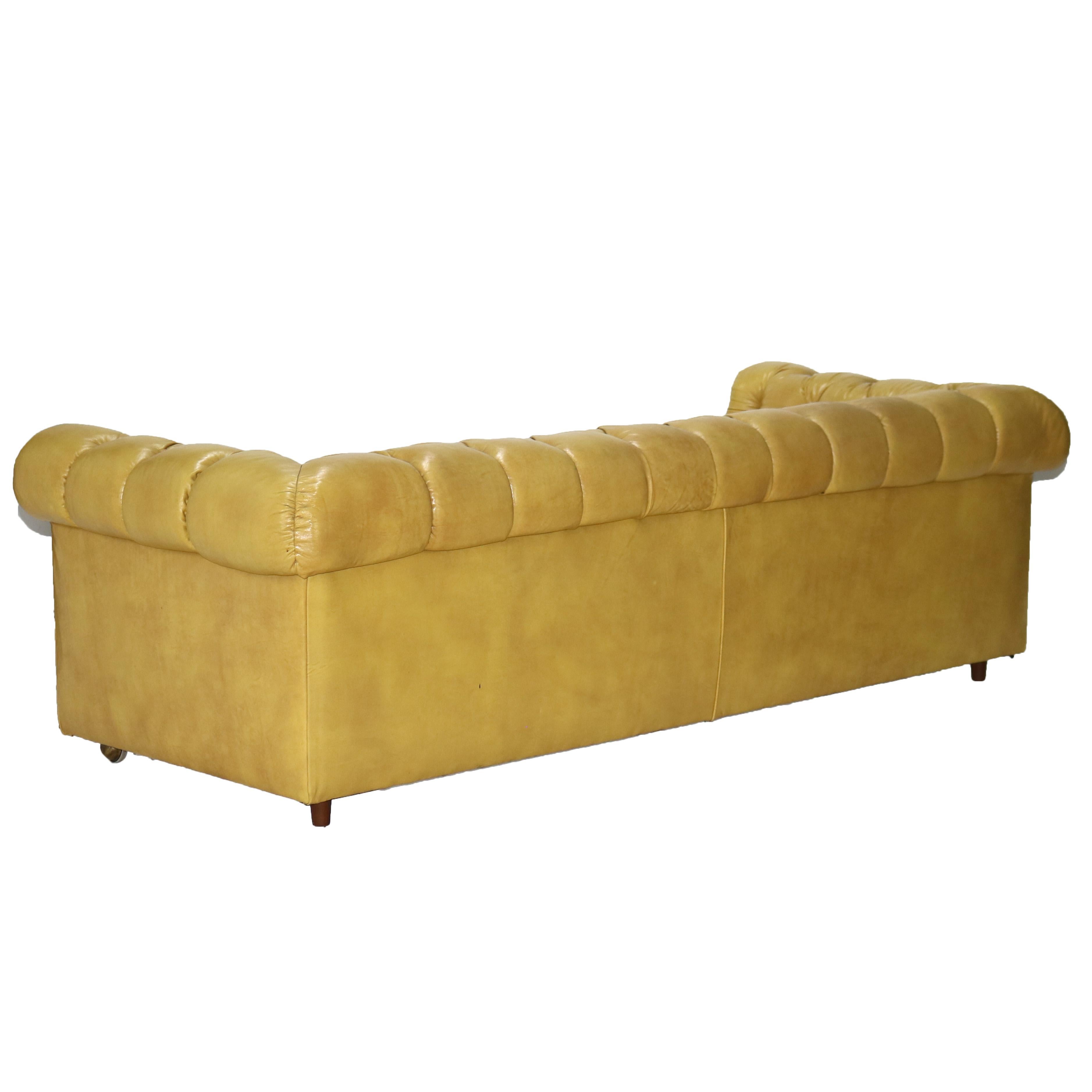 Vintage Chesterfield Yellow Leather Even Arm Sofa C1950 In Good Condition In Big Flats, NY