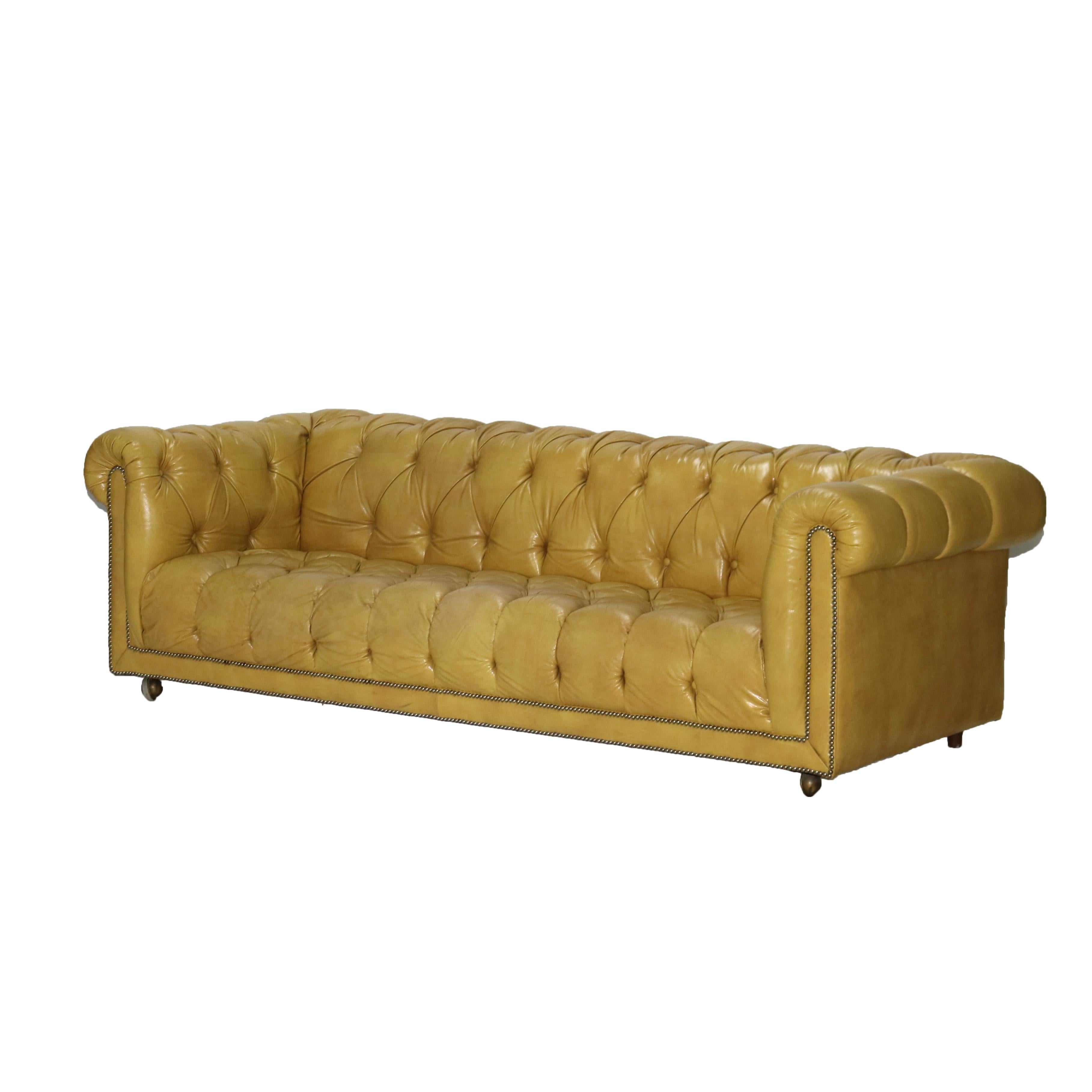 Vintage Chesterfield Yellow Leather Even Arm Sofa C1950 1