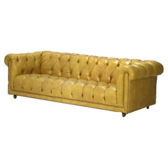 Vintage Chesterfield Yellow Leather Even Arm Sofa C1950