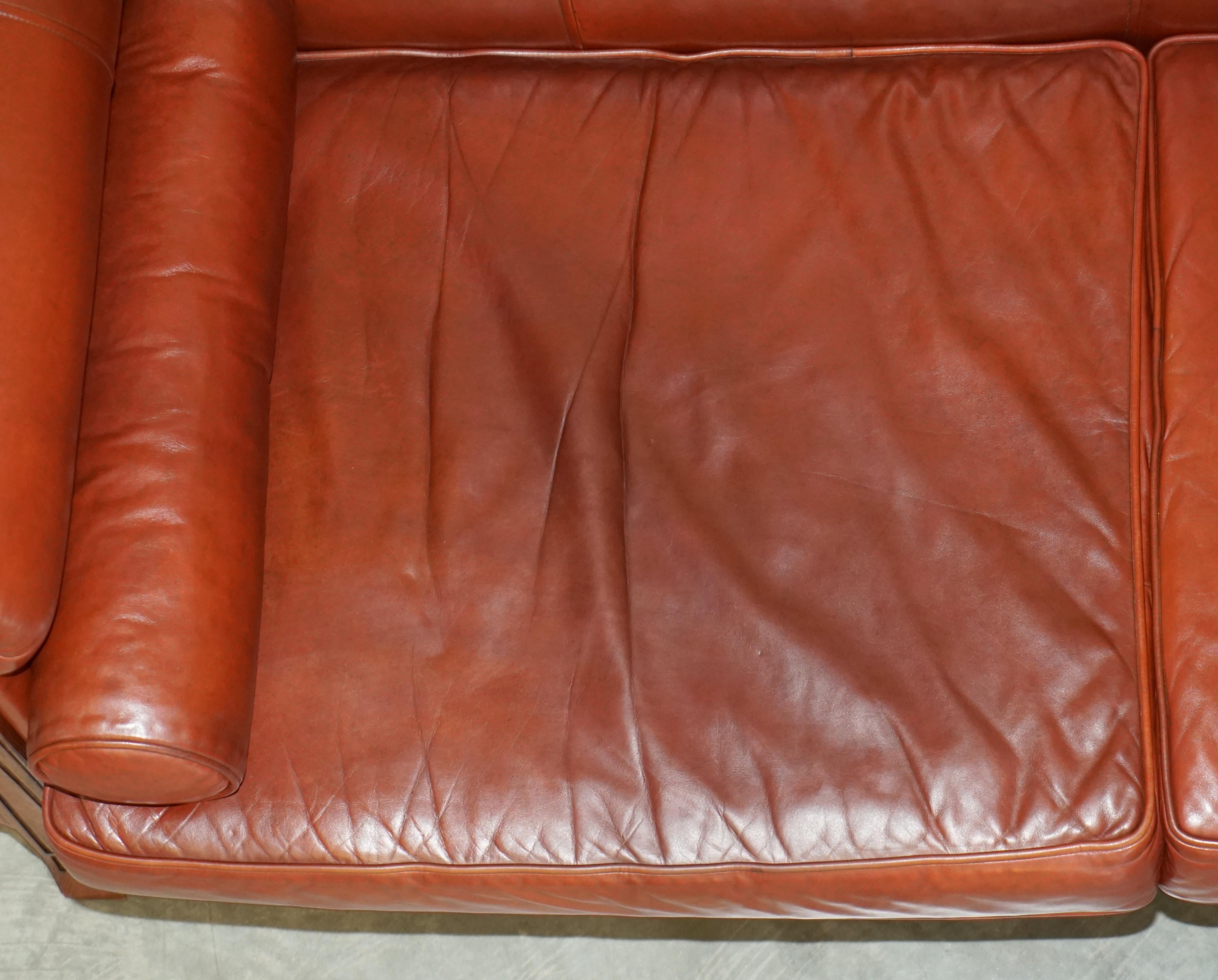 ViNTAGE CHESTNUT BROWN LEATHER LIBERTY'S ART NOUVEAU CLUB SOFA CARVED WOOD FRAMe For Sale 9