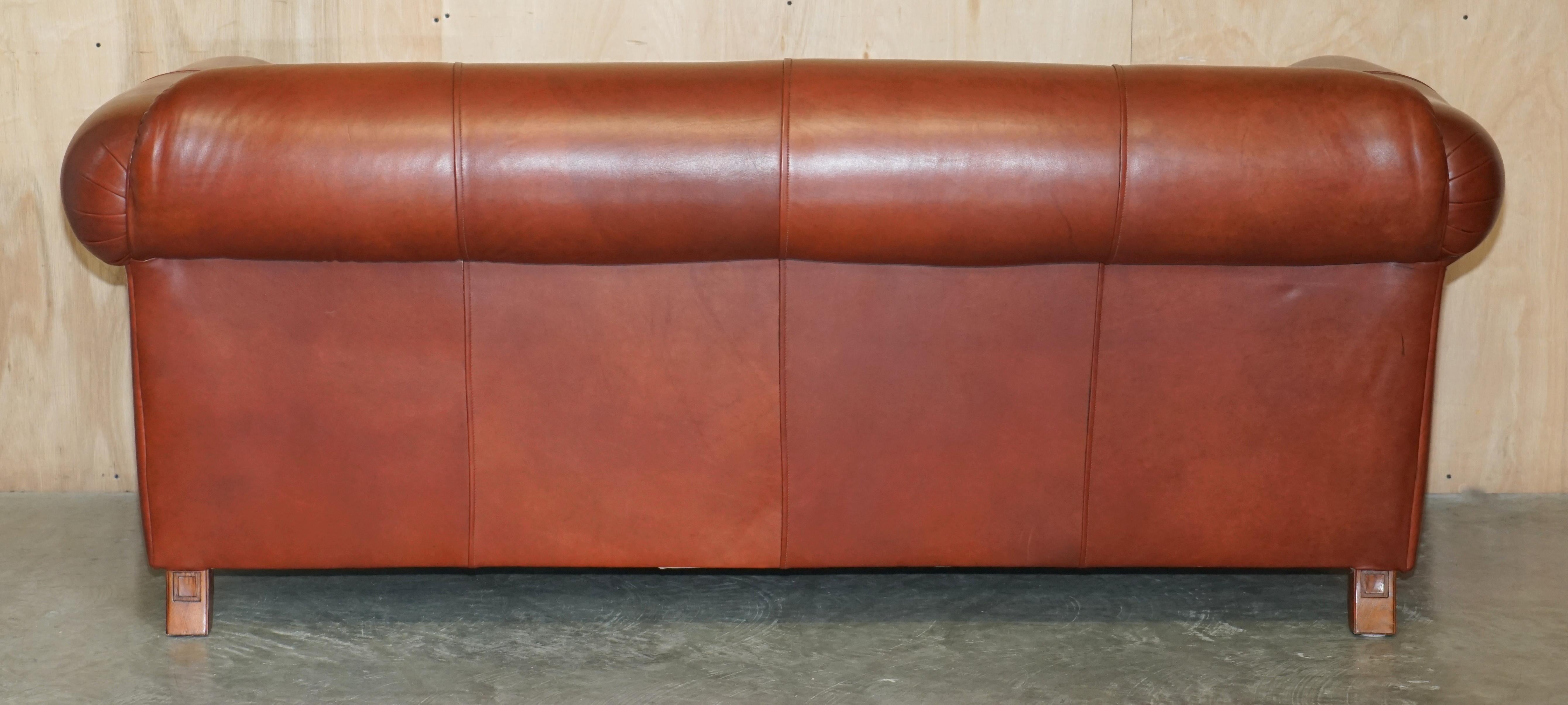 ViNTAGE CHESTNUT BROWN LEATHER LIBERTY'S ART NOUVEAU CLUB SOFA CARVED WOOD FRAMe For Sale 11