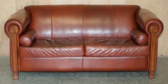 ViNTAGE CHESTNUT BROWN LEATHER LIBERTY'S ART NOUVEAU CLUB SOFA CARVED WOOD FRAMe