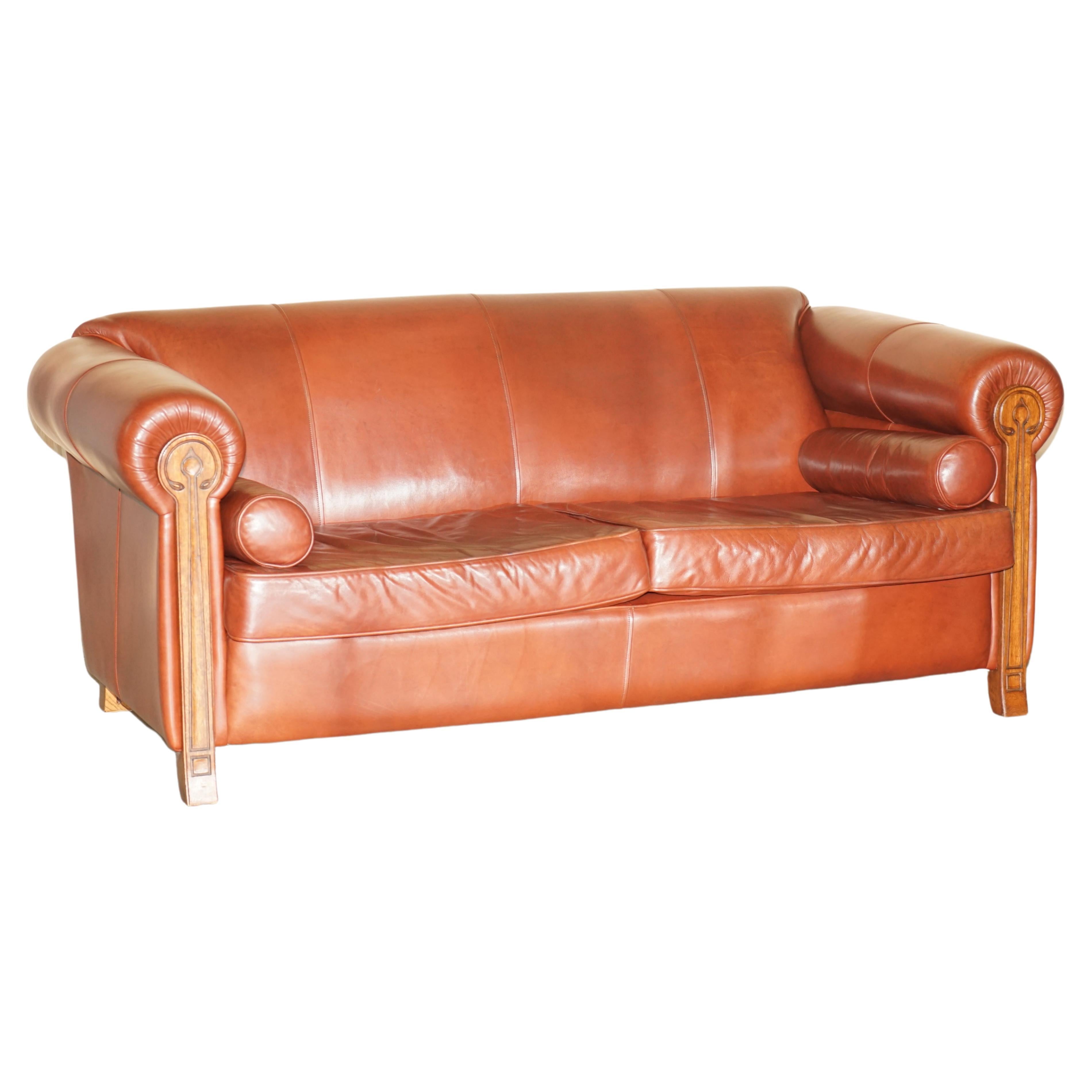 ViNTAGE CHESTNUT BROWN LEATHER LIBERTY'S ART NOUVEAU CLUB SOFA CARVED WOOD FRAMe For Sale