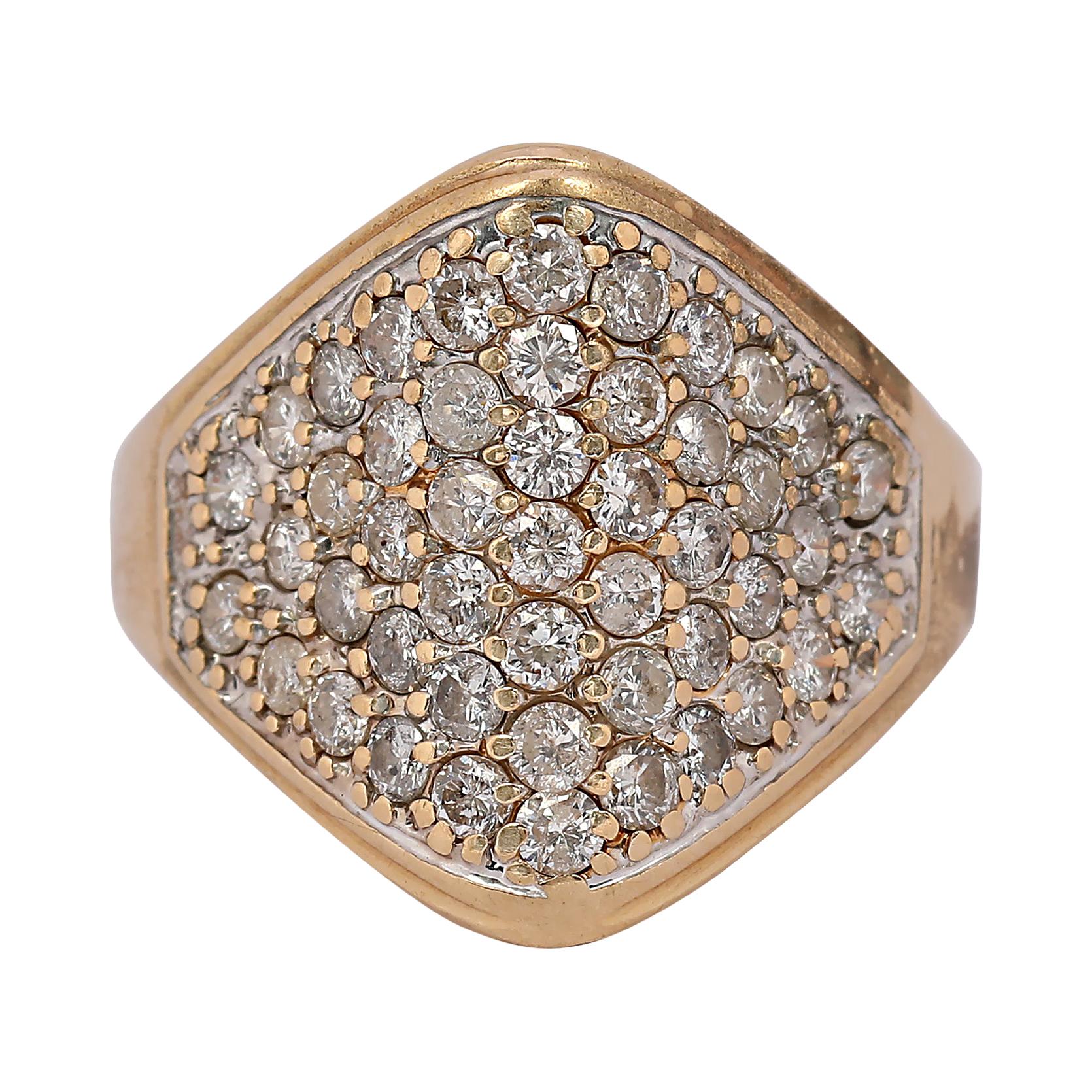 Vintage Chevron Dome Cigar Diamond Pave 14 Karat Yellow Gold Ring For Sale