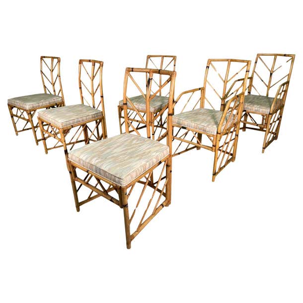 Vintage Chevron Rattan Dining Chairs For Sale at 1stDibs