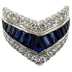 Vintage Chevron Sapphire Diamond Platinum Band Ring