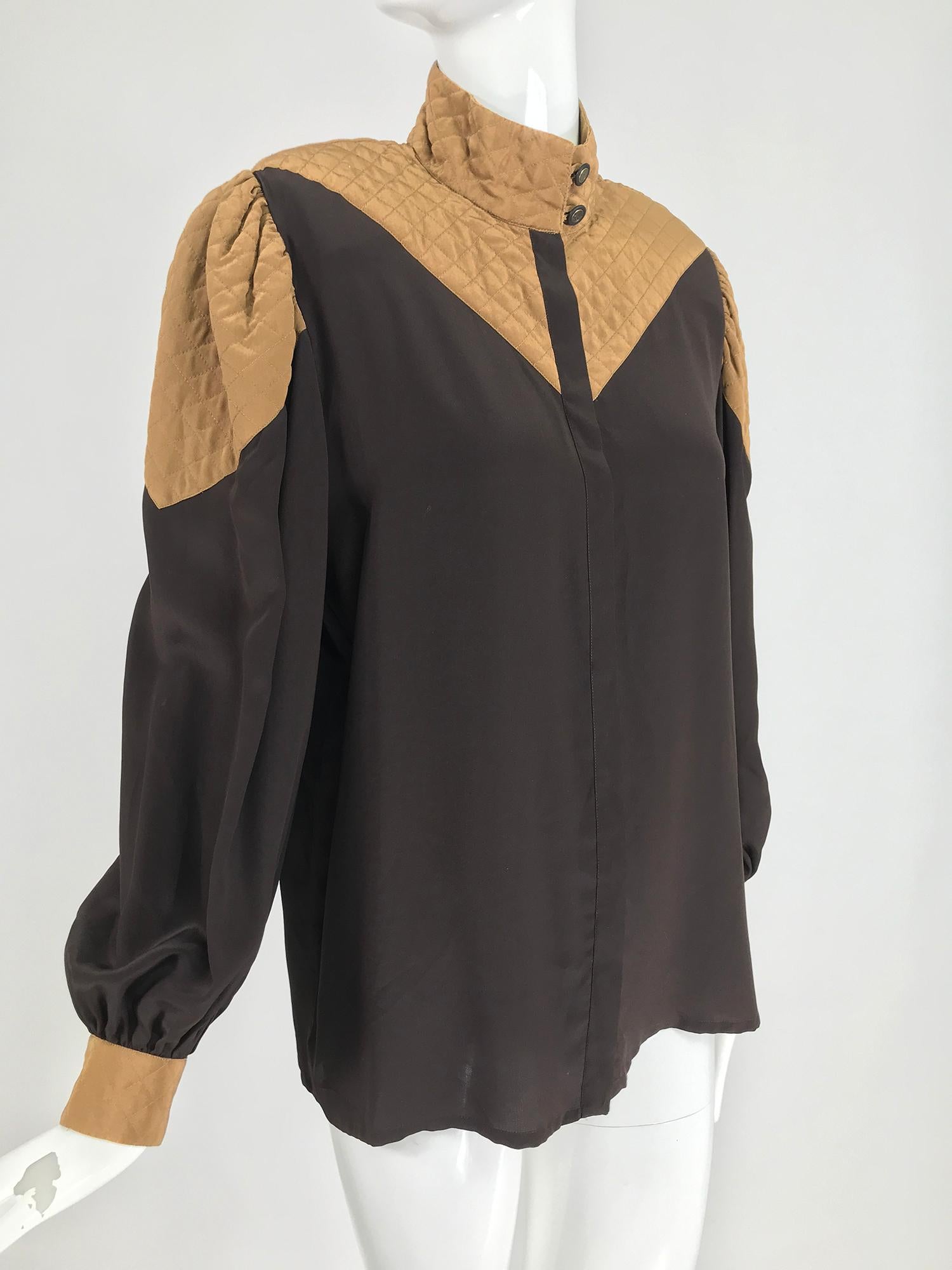 Vintage 1980s Chez Catherine Palm Beach silk blouse in dark chocolate brown with tan quilted band collar, yoke front and back, upper sleeves and cuffs. Pull on blouse closes at the front with a placket and buttons, cuffs button closed. Unlined. Fits