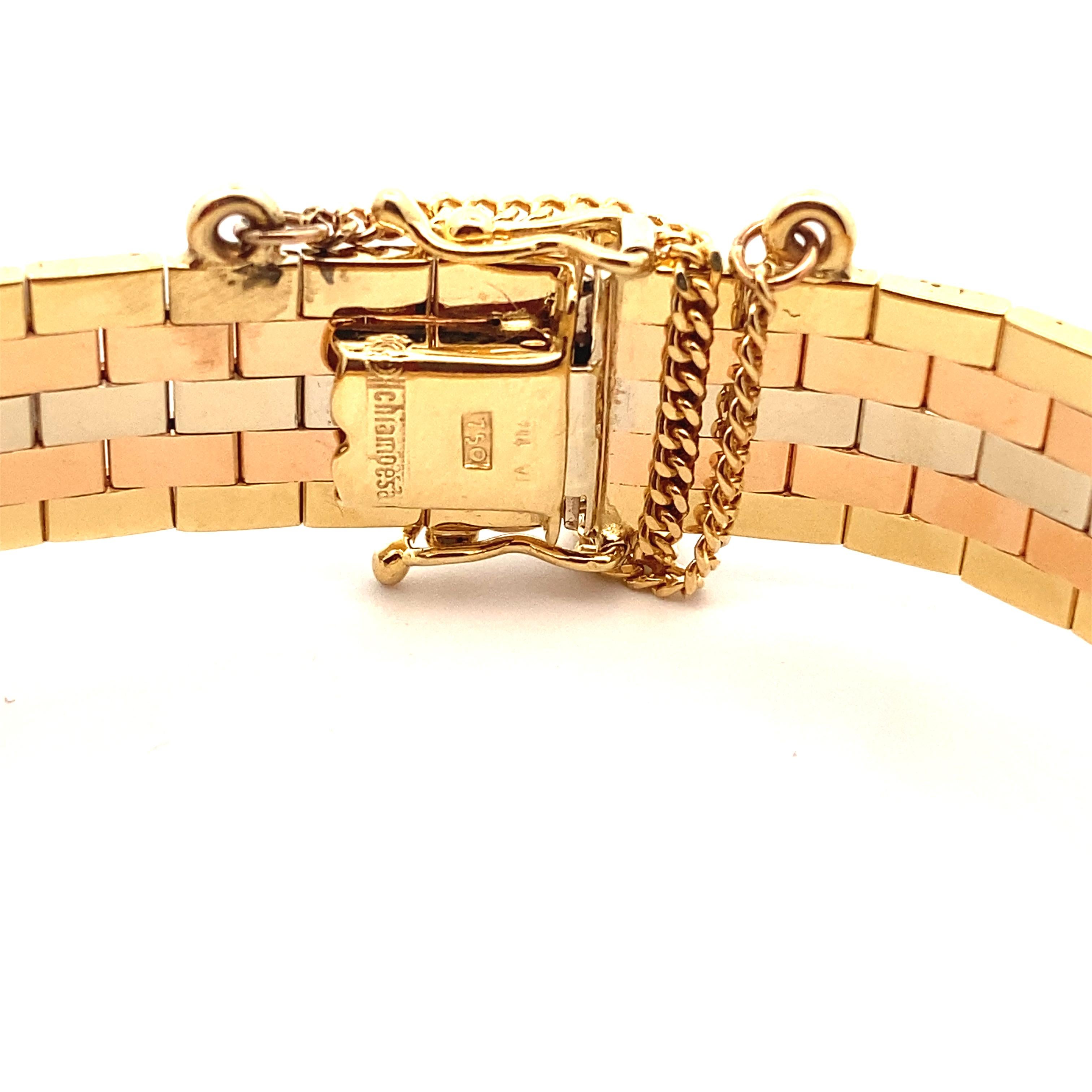 A tr-tone (yellow, white, rose) 18k brushed gold bracelet by legendary Italian designer Lino Chiampesan. Slightly graduated width making the front wider than the back. Secures with a safety and chain. Approx 7.5