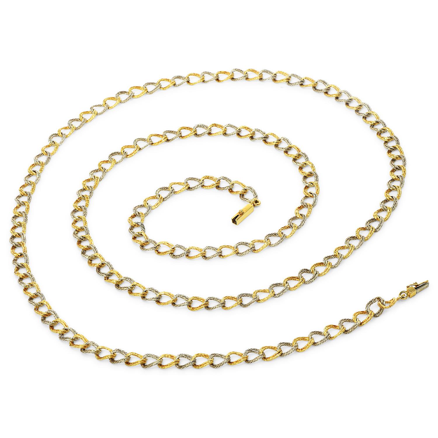 Vintage Chic 18K Yellow White Gold Textured Link Chain Necklace In Excellent Condition In Miami, FL