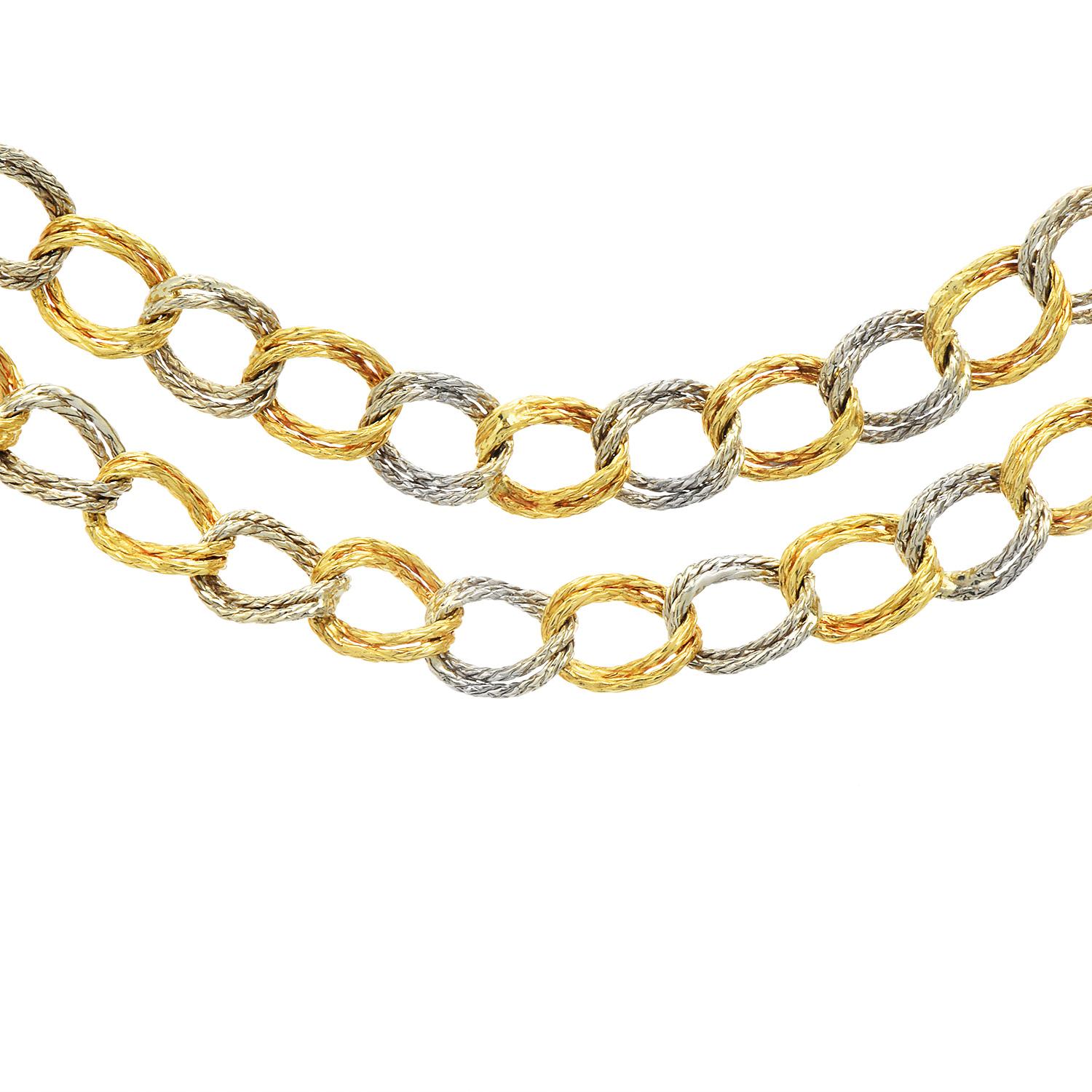 Women's or Men's Vintage Chic 18K Yellow White Gold Textured Link Chain Necklace