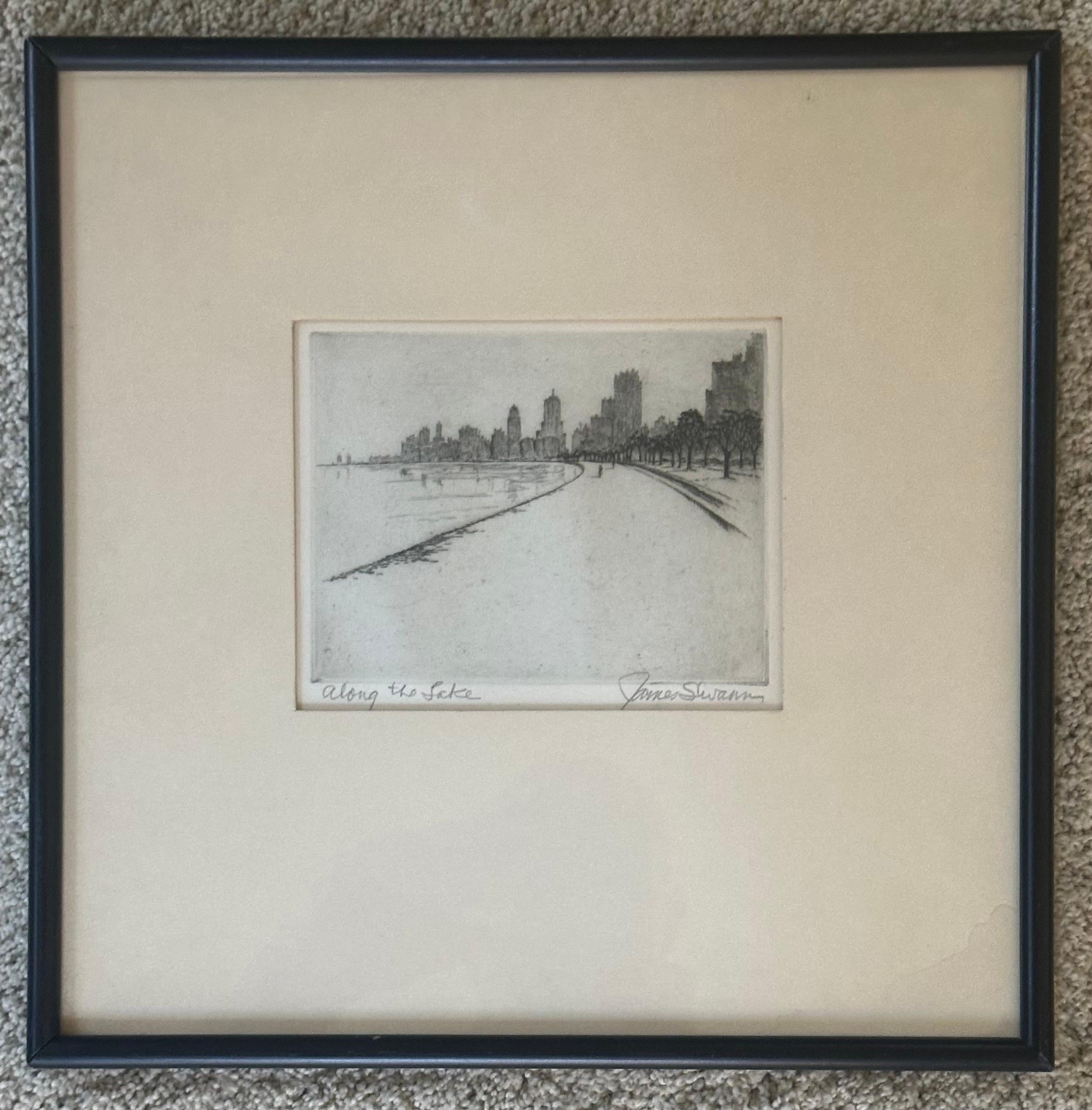 Vintage Chicago / Lago Michigan Grabado 