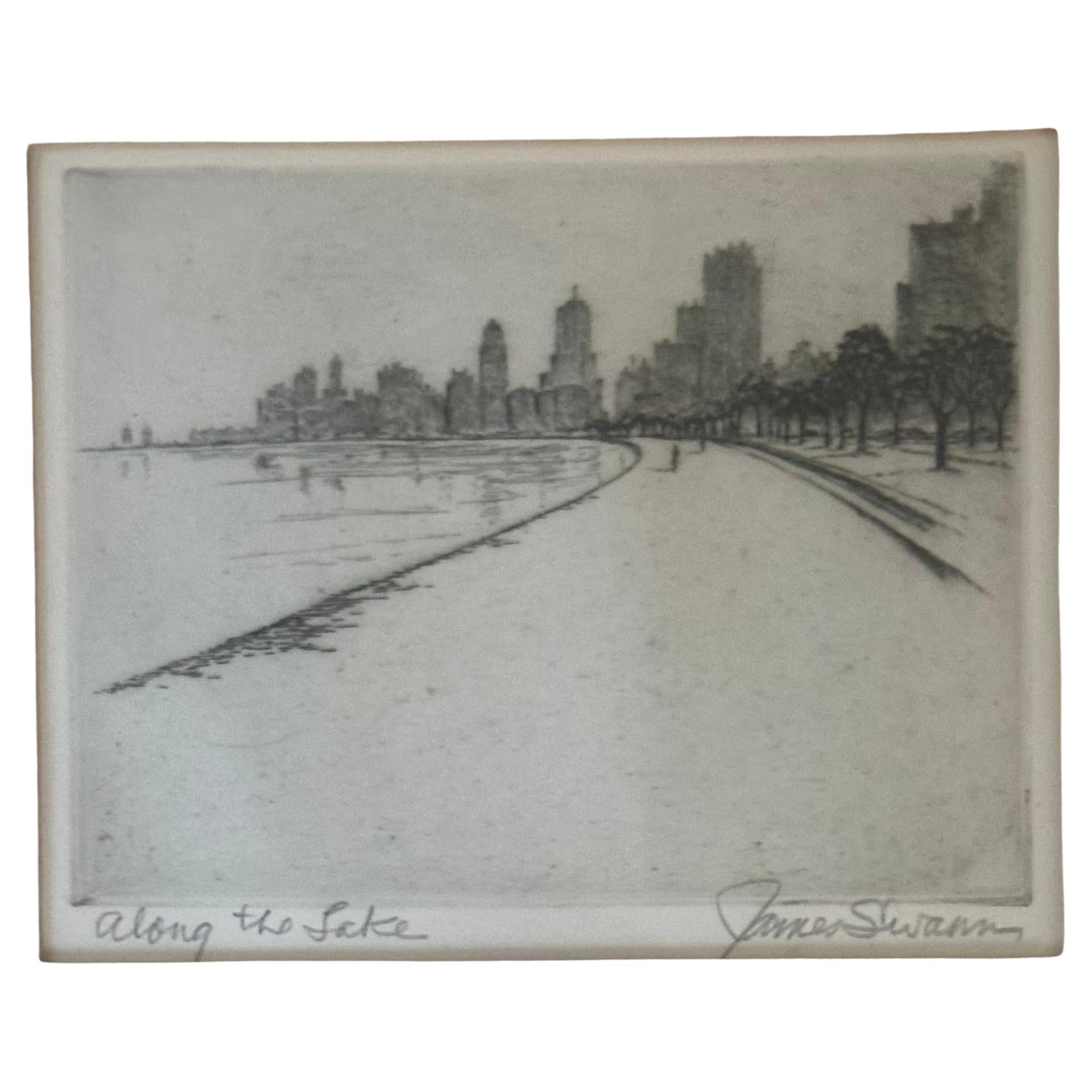 Vintage Chicago / Lago Michigan Grabado 