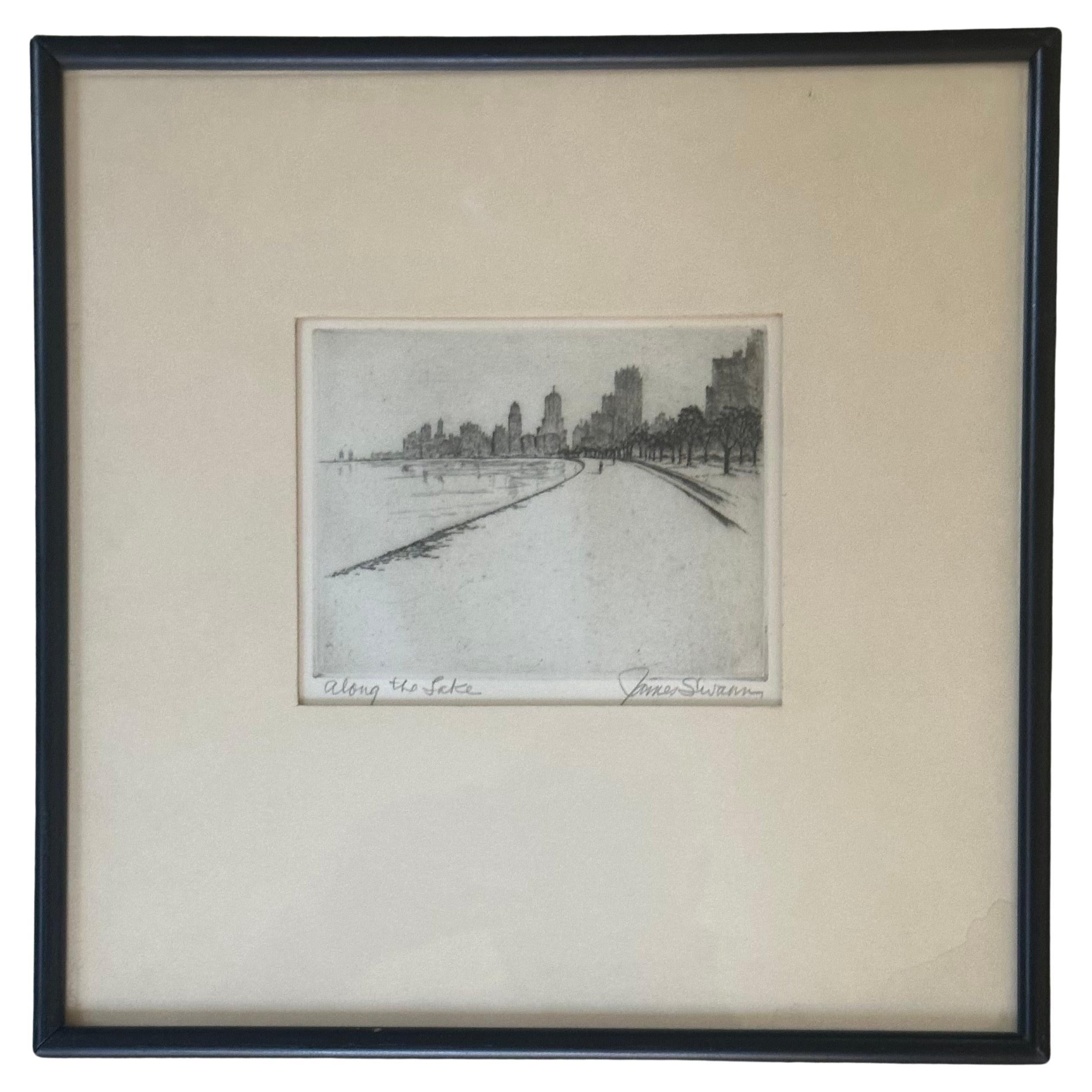 Grabado antiguo a punta seca de Chicago / Lago Michigan 