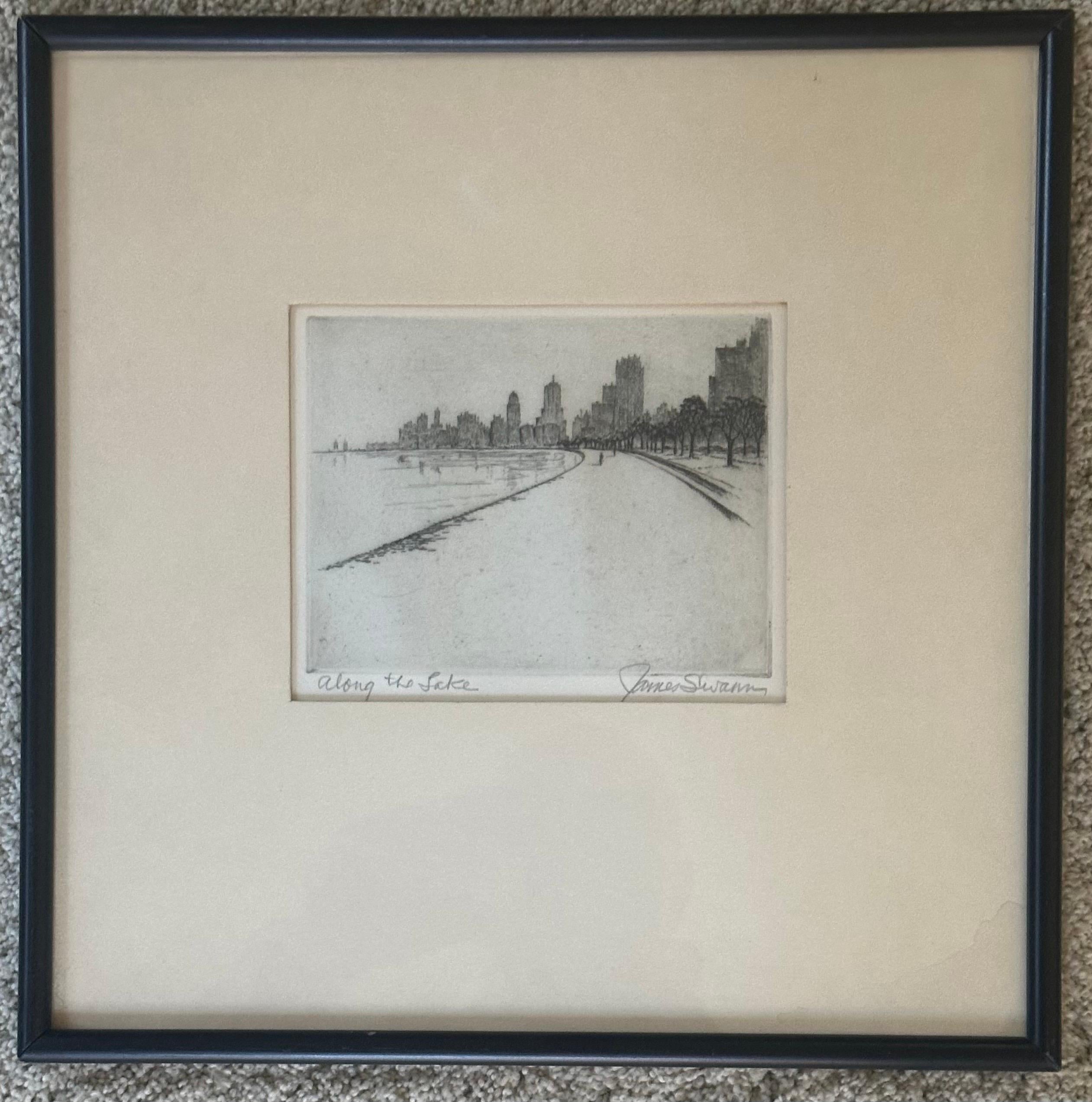 Vintage Chicago / Lago Michigan Grabado 