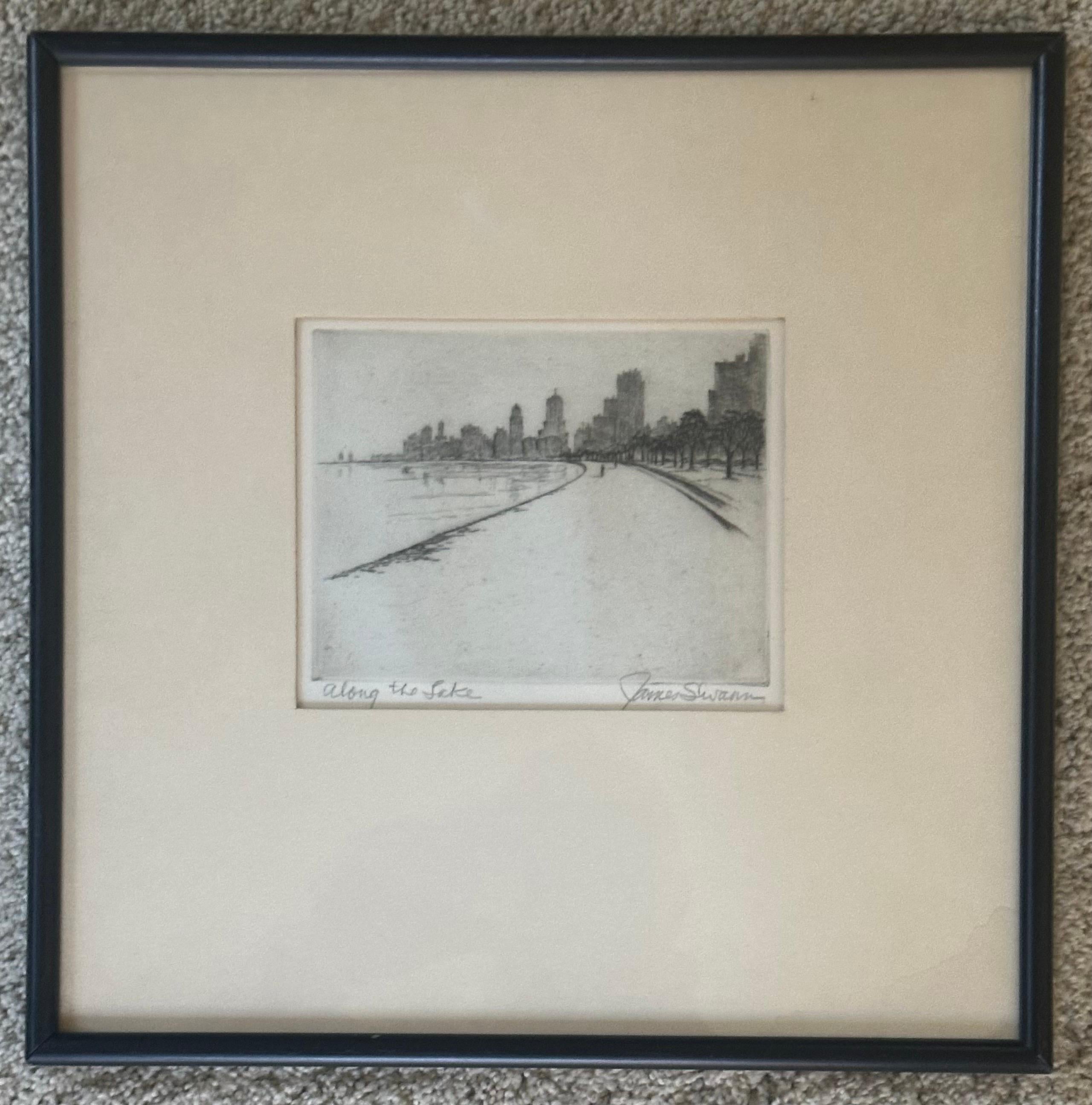 Vintage Chicago / Lago Michigan Grabado 