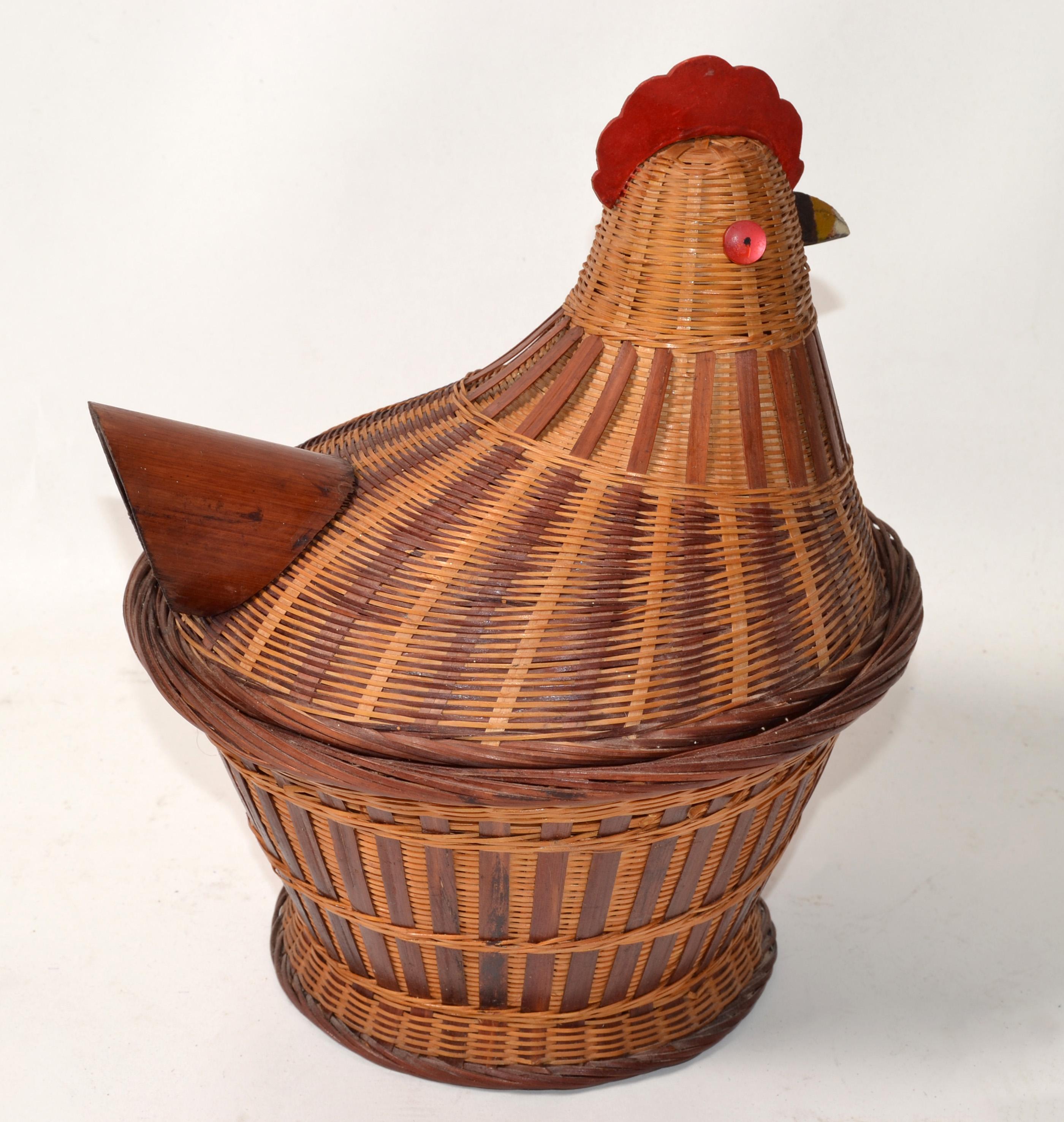 Hand-Crafted Vintage Chicken Folk Art Wicker Wood Bamboo Lidded Basket Handwoven Kitchen 1960 For Sale