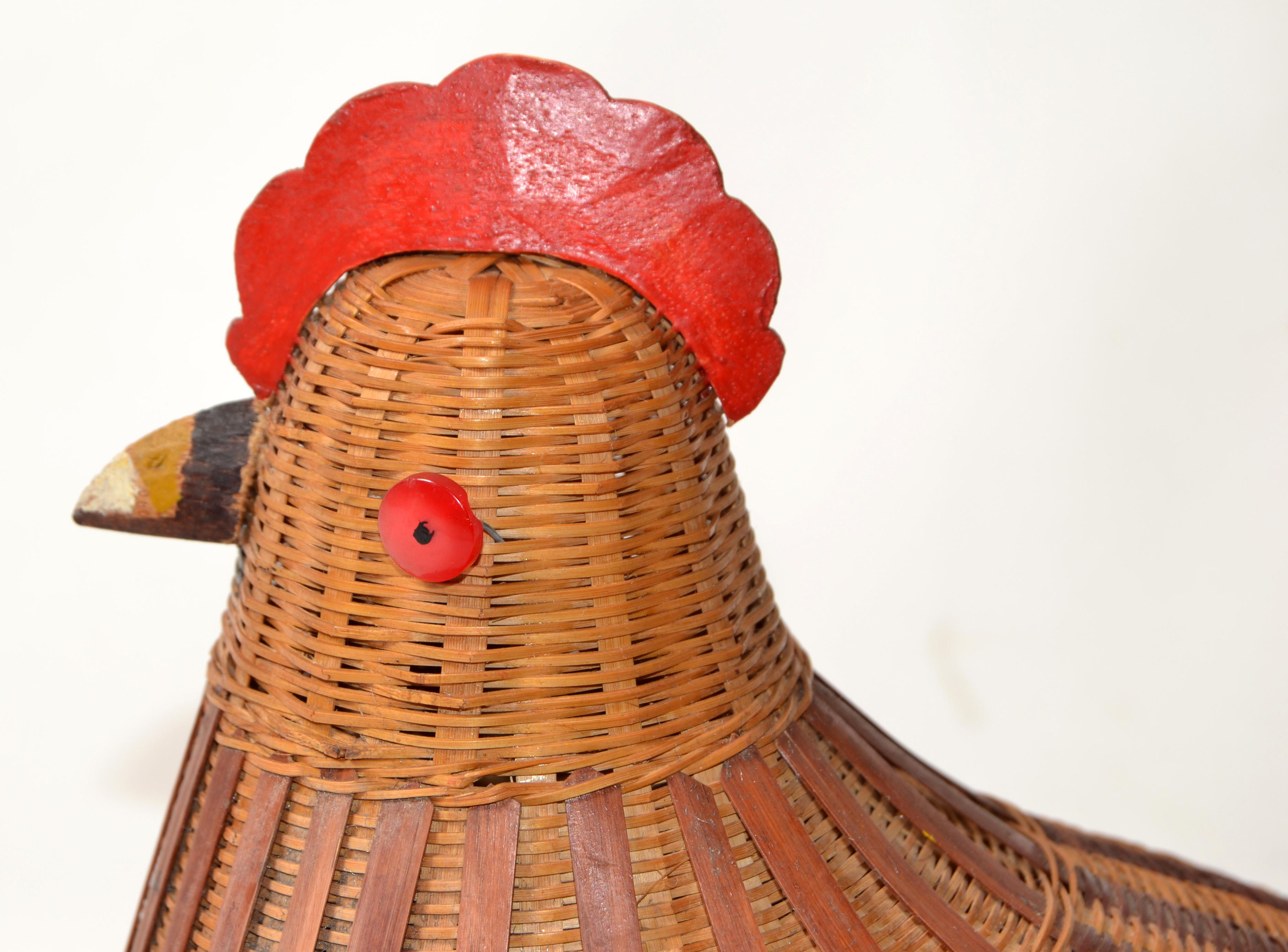 Hand-Crafted Vintage Chicken Folk Art Wicker Wood Bamboo Lidded Basket Handwoven Kitchen 1960 For Sale