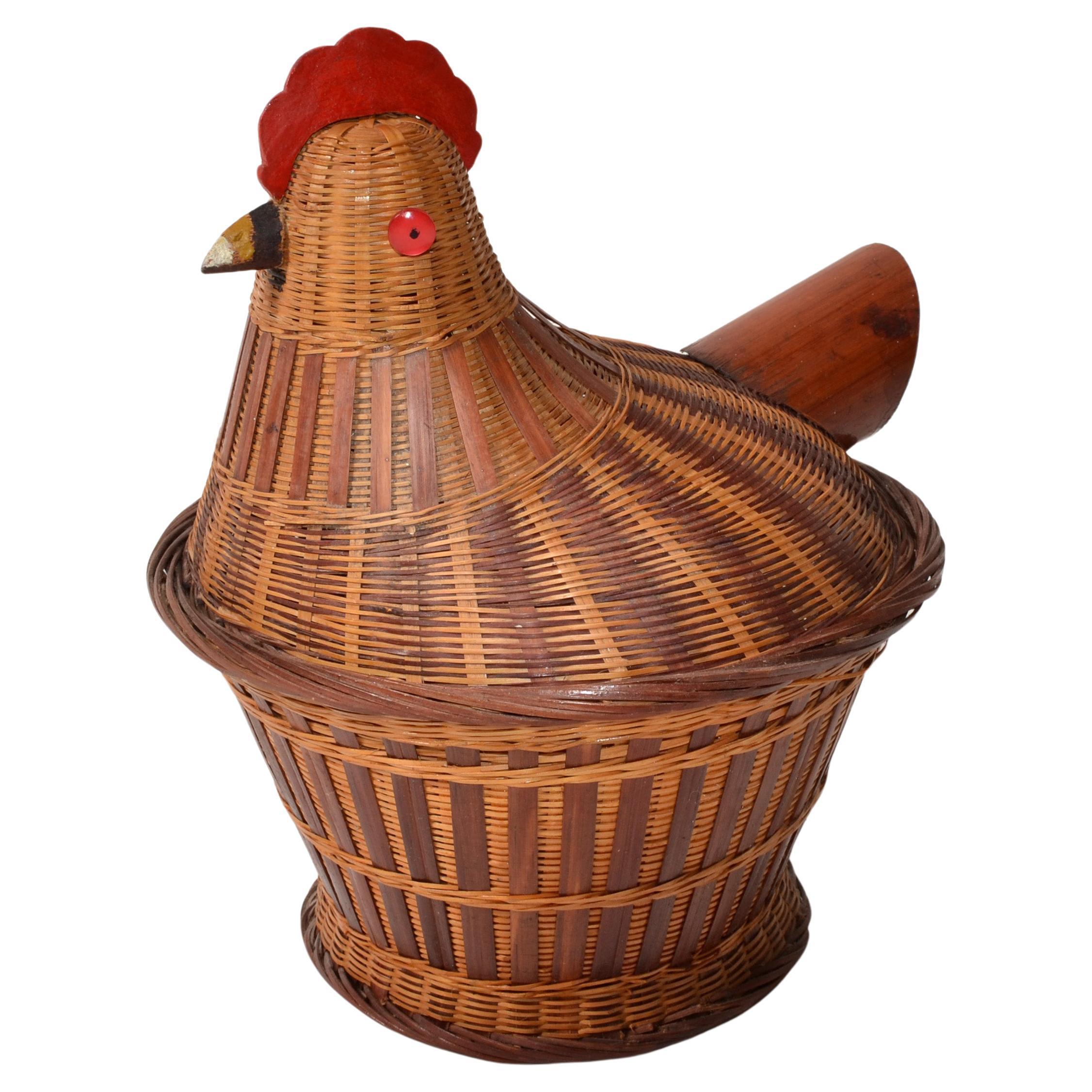 Vintage Chicken Folk Art Wicker Wood Bamboo Lidded Basket Handwoven Kitchen 1960 For Sale