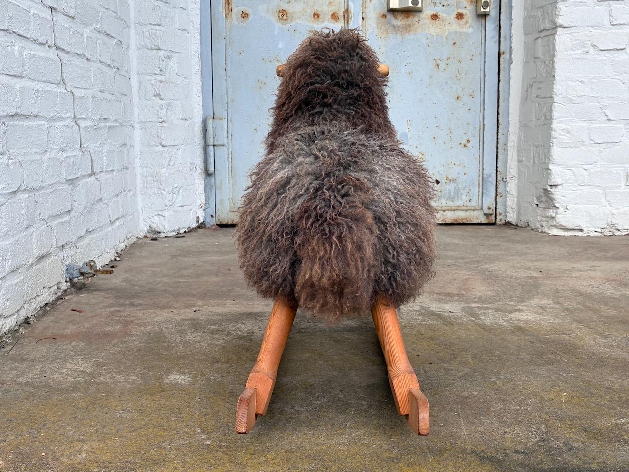 Danish Vintage Children’s Rocking Sheep by Povl Kjer in solid pine & Gotland sheepskin For Sale