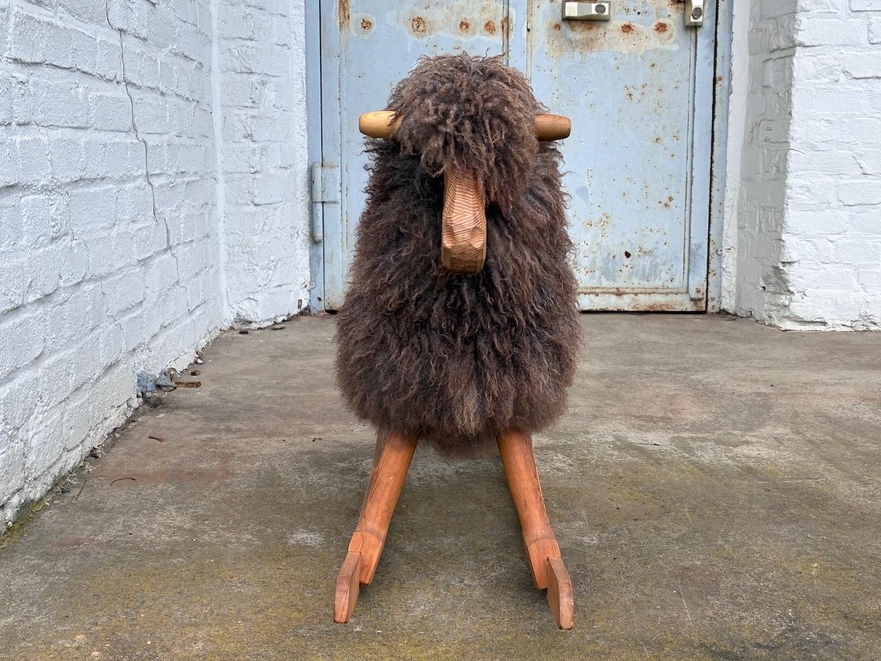 Late 20th Century Vintage Children’s Rocking Sheep by Povl Kjer in solid pine & Gotland sheepskin For Sale