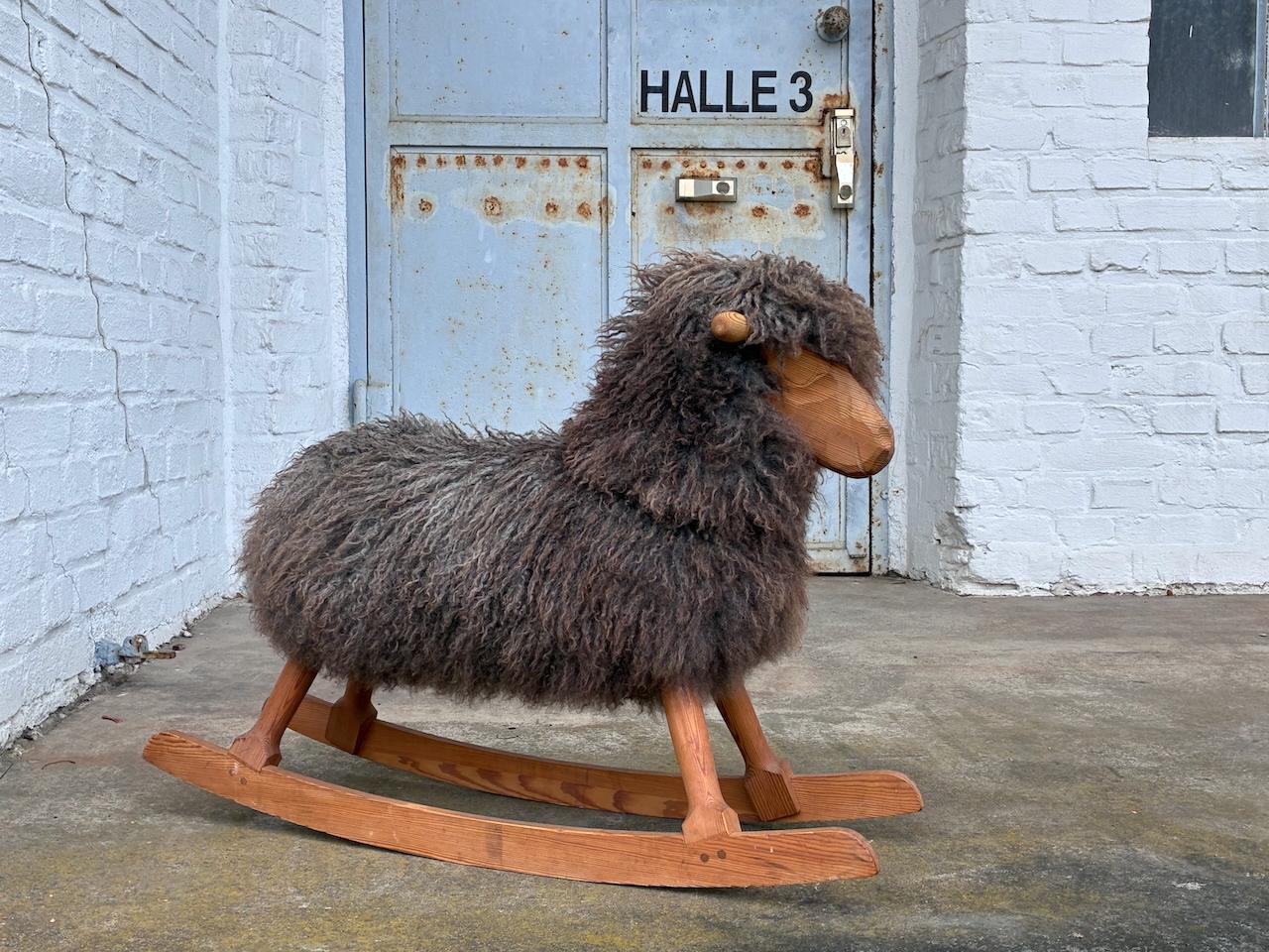 Vintage Children’s Rocking Sheep by Povl Kjer in solid pine & Gotland sheepskin For Sale 1